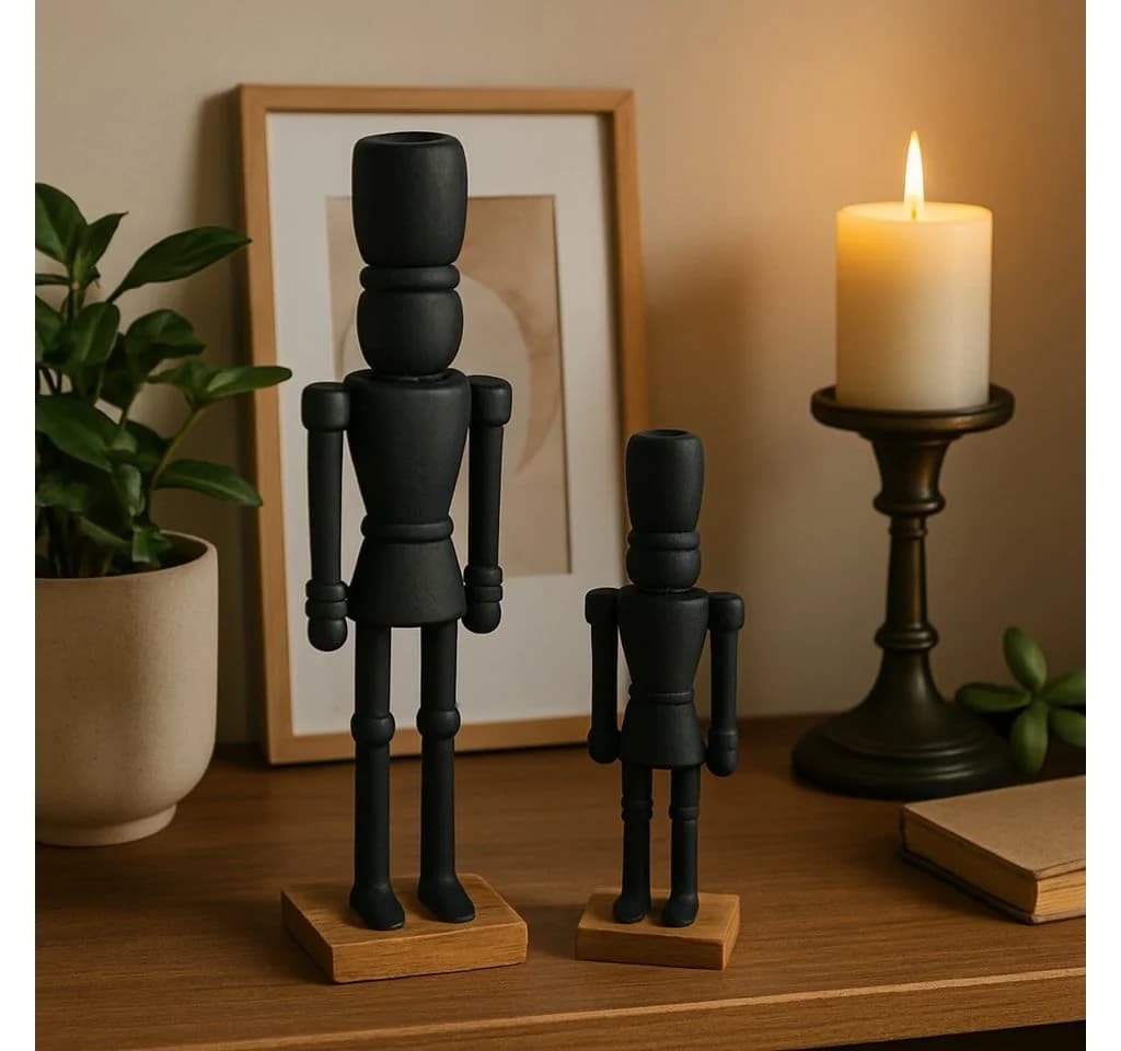 Marrakesch Orient & Mediterran Interior Dekofigur Nussknacker Schwarz 2er Set Aluminium Holzsockel Handarbeit
