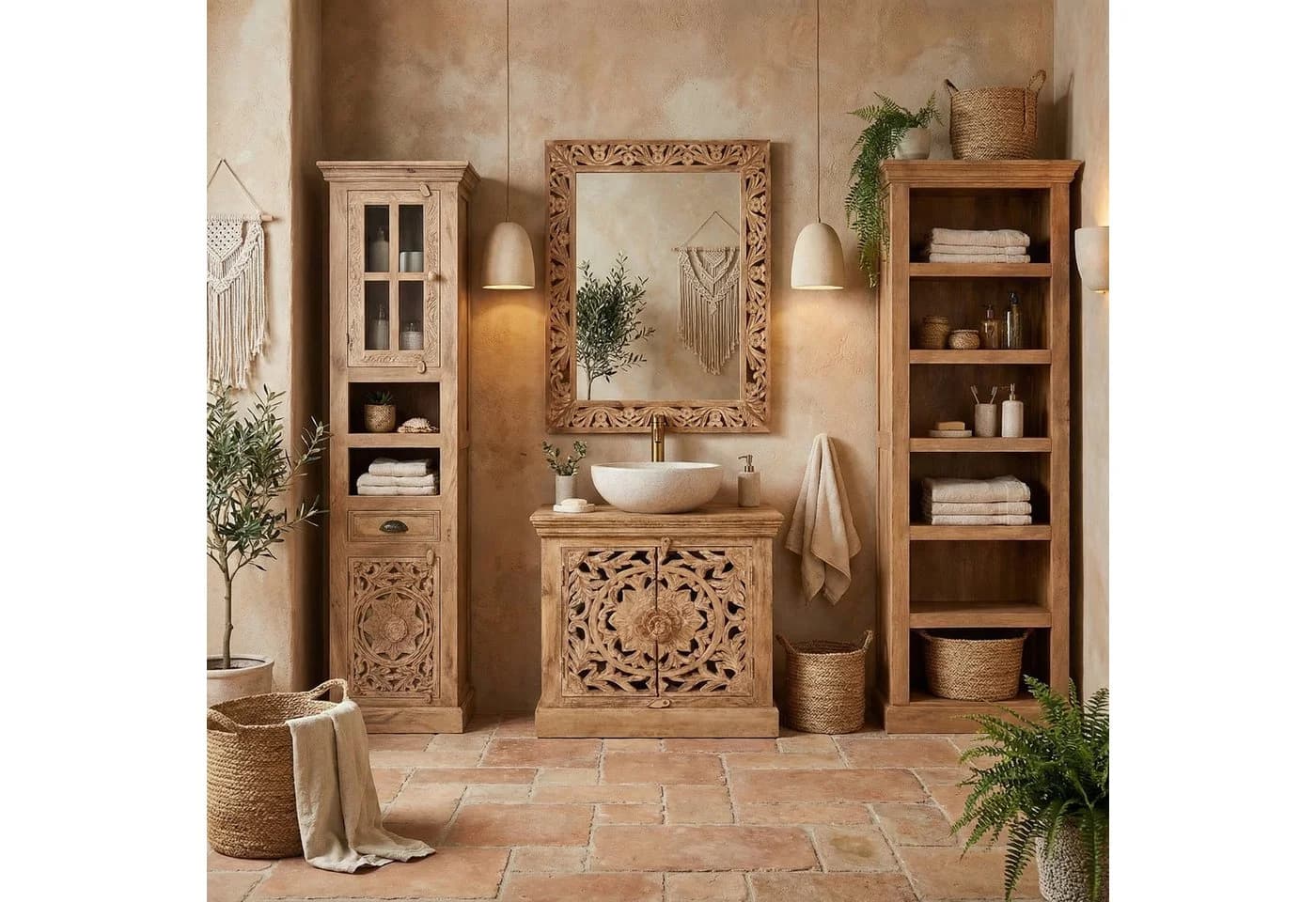 Kirpal Wandspiegel Natur Massivholz Orientalisch Handgeschnitzt