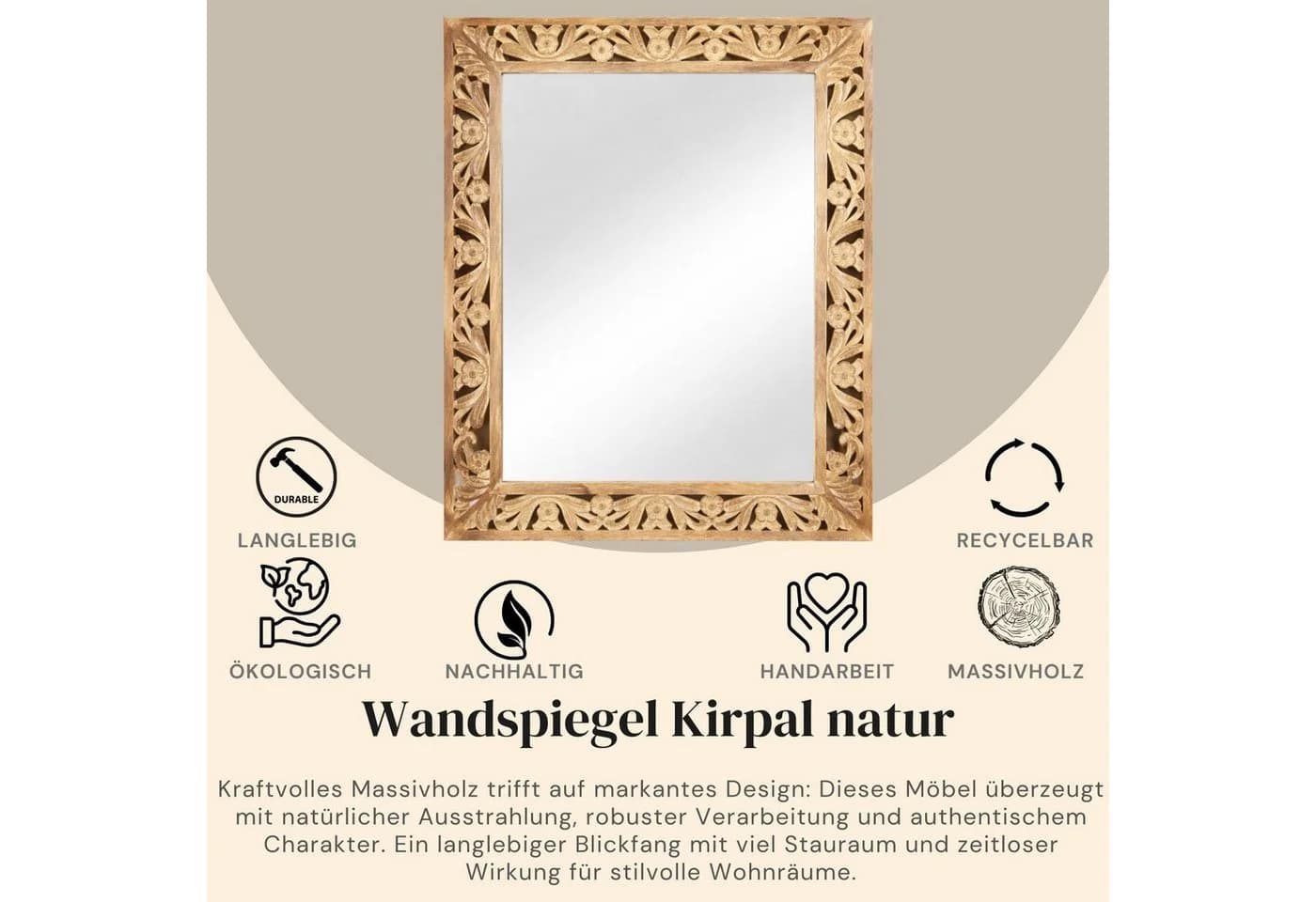 Kirpal Wandspiegel Natur Massivholz Orientalisch Handgeschnitzt - Bild 3