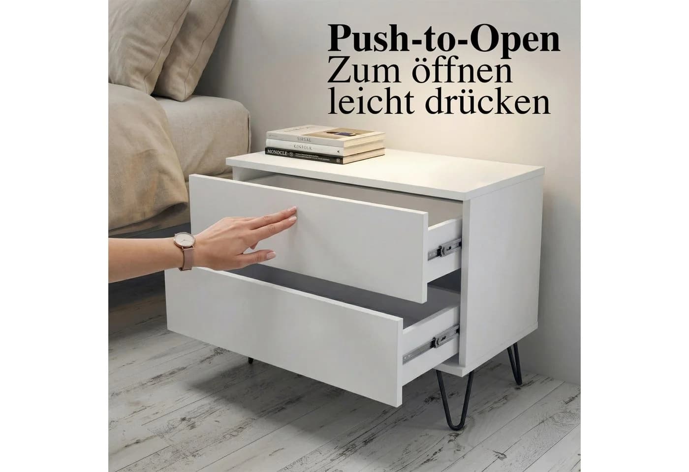 InnoFurn Nachtschrank Aura Weiß Push-to-Open 2 Schubladen - Bild 3