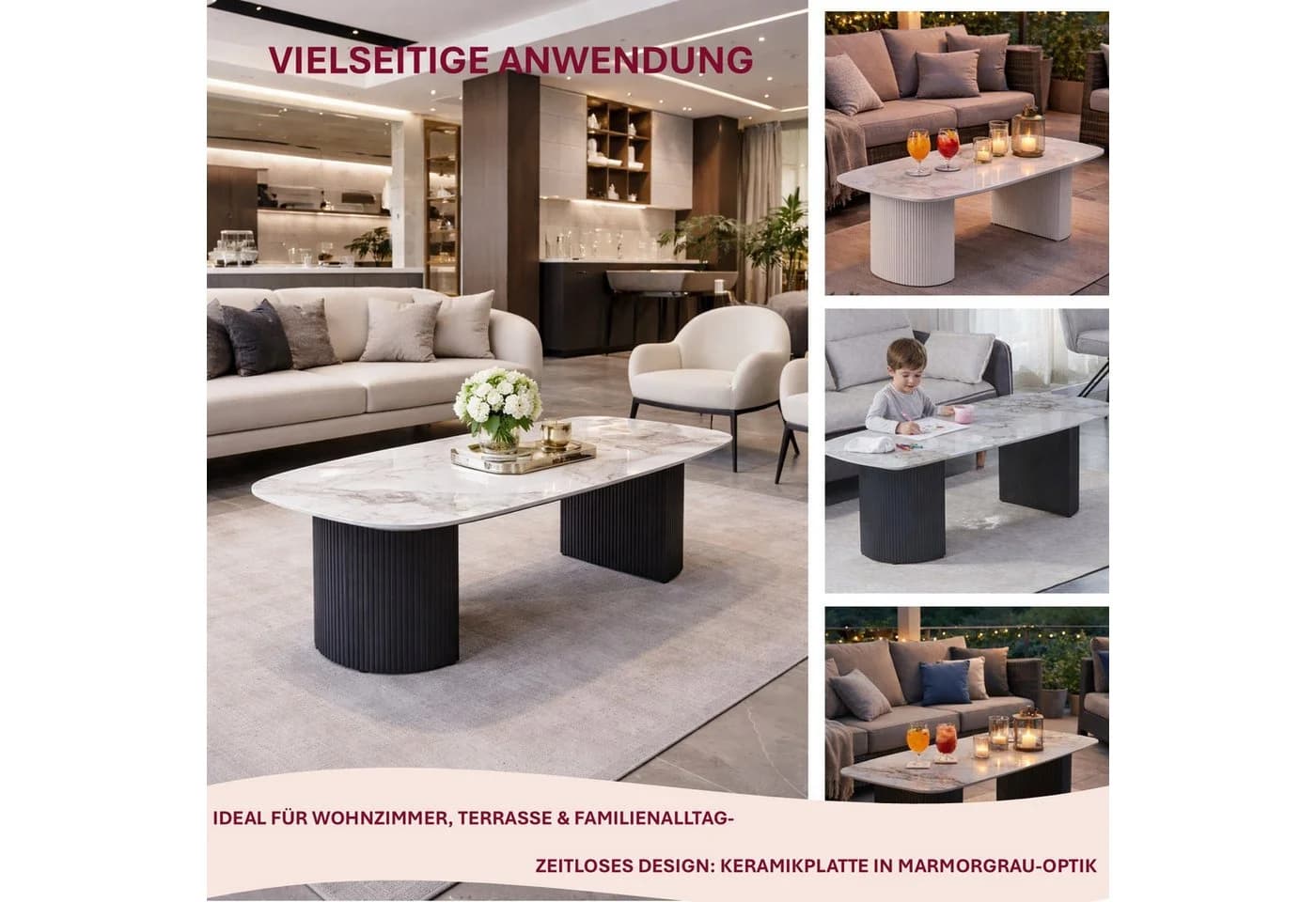 HOOZ Wohnzimmertisch Schwarz Keramik Travertin-Optik Modern