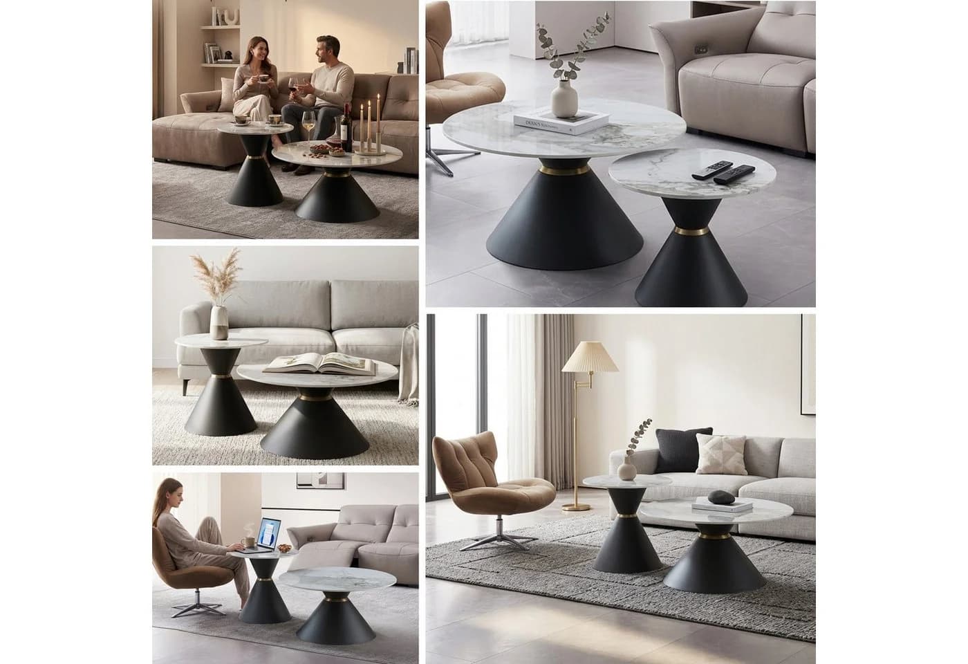 HOOZ Couchtisch 2er Set rund Keramik Marmor-Optik Schwarz