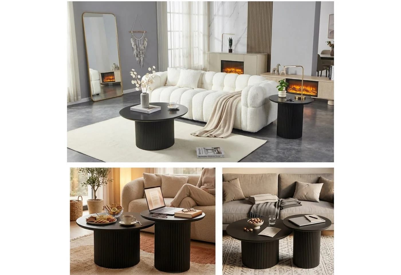 HOOZ Couchtisch 2er Set rund Schwarz geriffeltes Gestell
