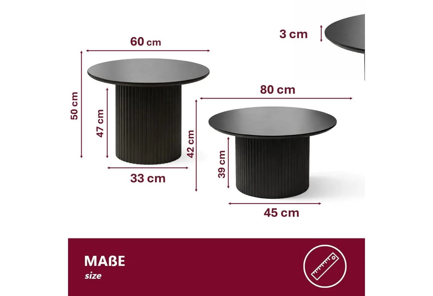 HOOZ Couchtisch 2er Set rund Schwarz geriffeltes Gestell - Bild 4