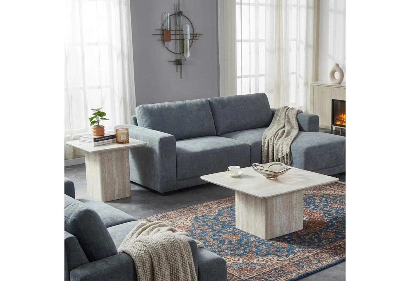 HOOZ Couchtisch 2er Set quadratisch Travertin-Optik Kalkoptik