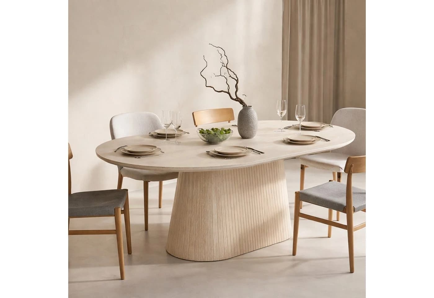 HOOZ Esstisch oval modern mit Keramikplatte und Säulenfuß