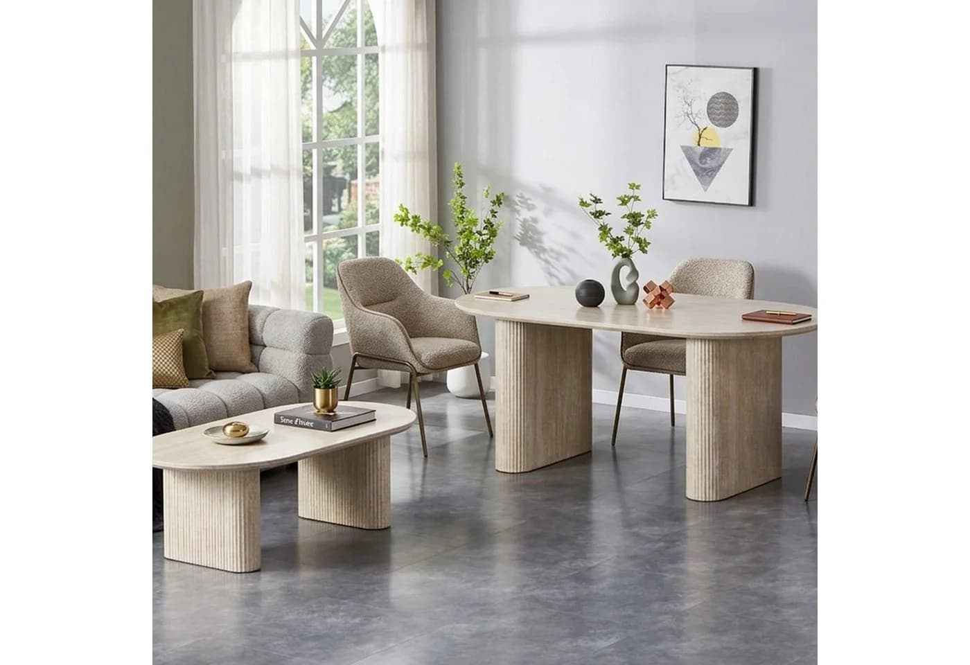 HOOZ Wohnzimmertisch & Esstisch Set oval Keramik Travertin-Optik