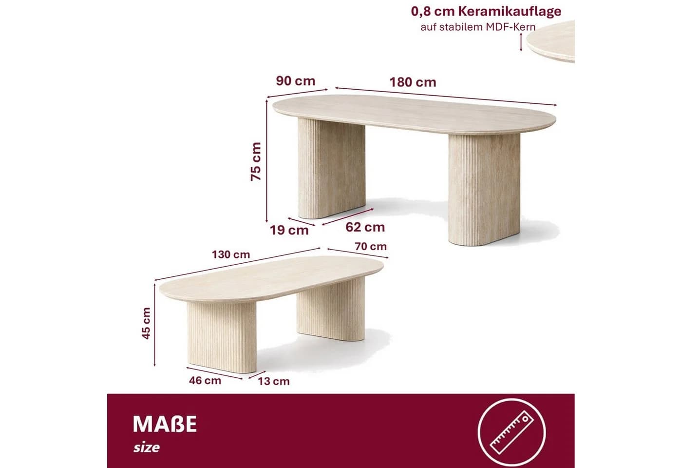 HOOZ Wohnzimmertisch & Esstisch Set oval Keramik Travertin-Optik - Bild 4