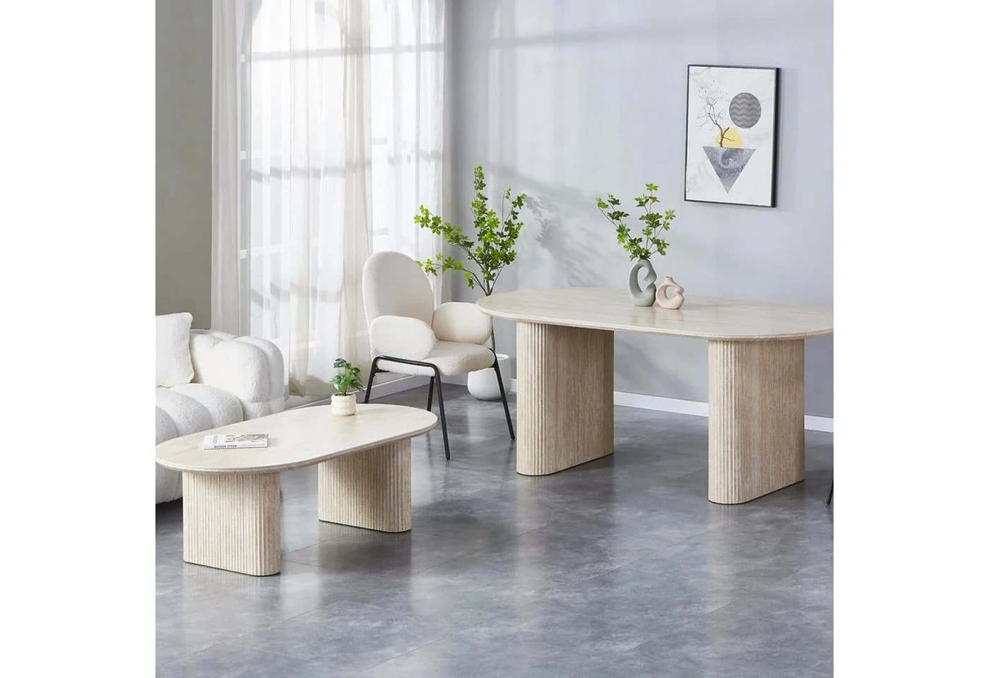 HOOZ Wohnzimmertisch & Esstisch Set oval Keramik Travertin-Optik - Bild 5