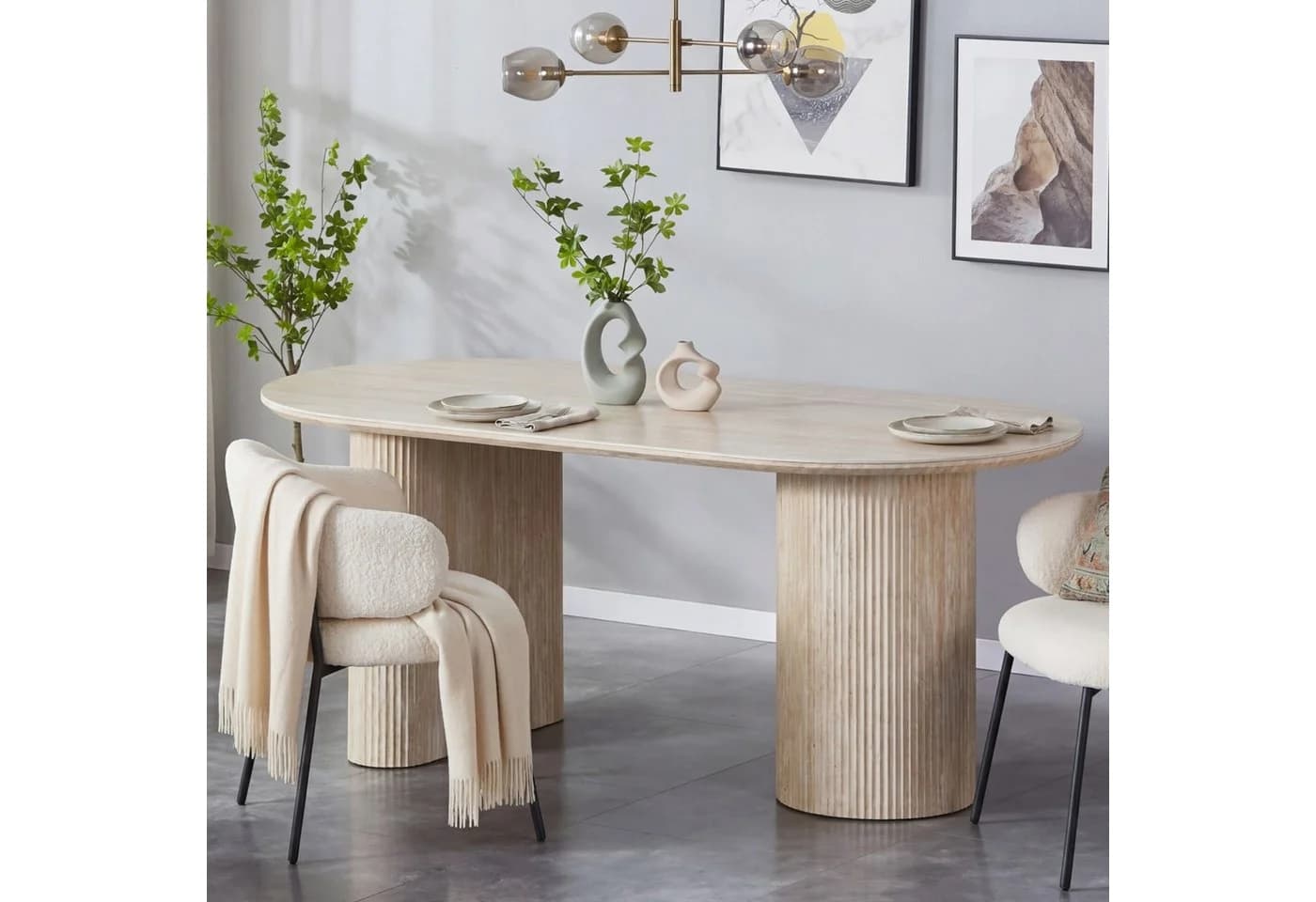 HOOZ Wohnzimmertisch Esstisch oval modern Keramikplatte Travertin-Optik