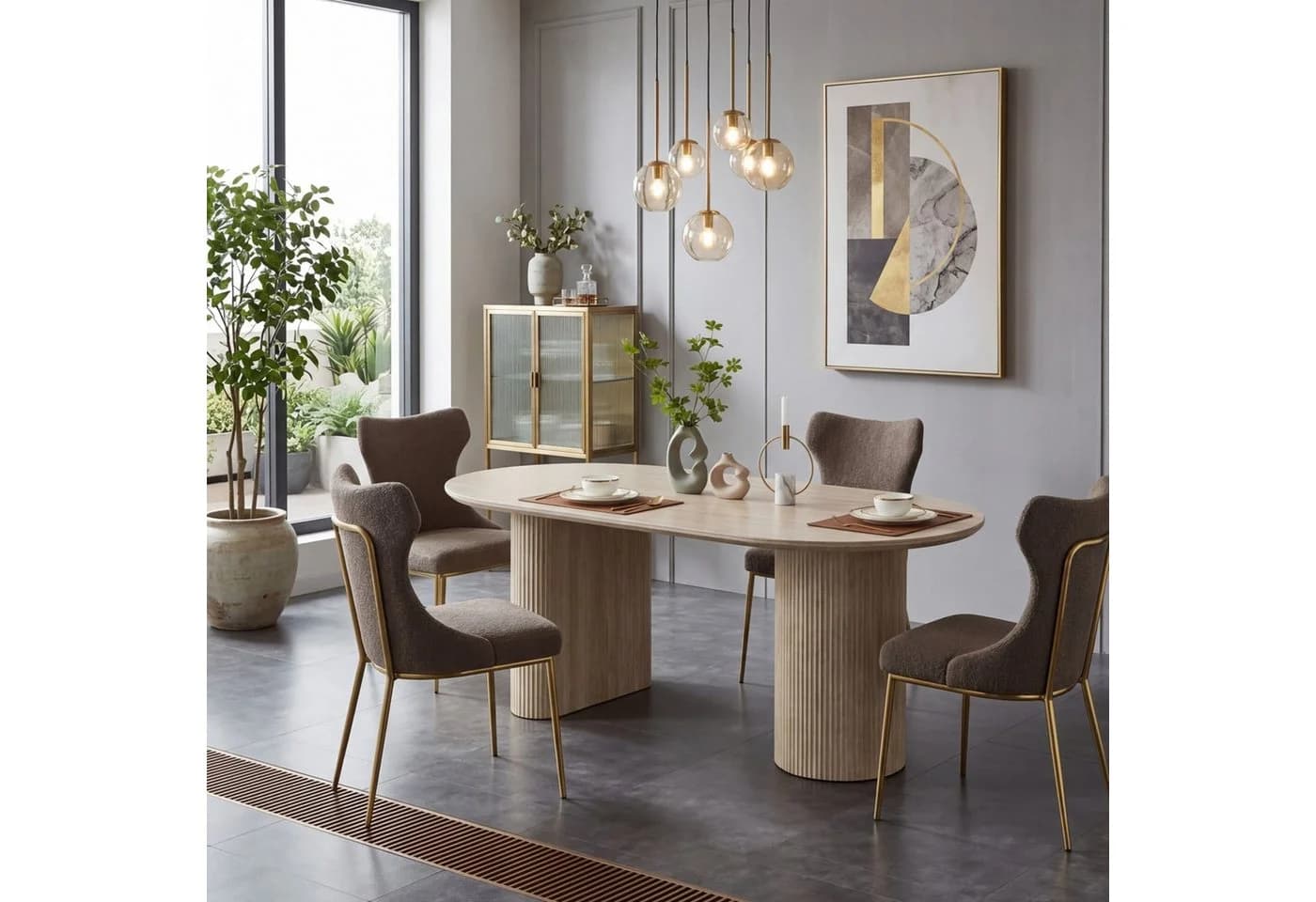 HOOZ Wohnzimmertisch Esstisch oval modern Keramikplatte Travertin-Optik - Bild 5