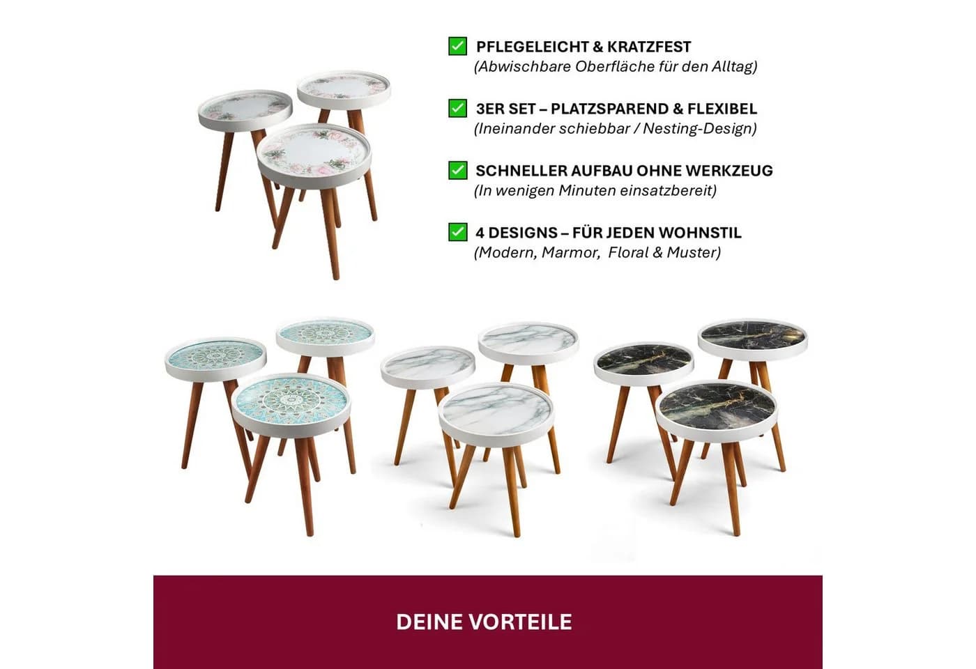 HOOZ Beistelltisch 3er Set Mosaik Grün Holzbeine rund - Bild 5