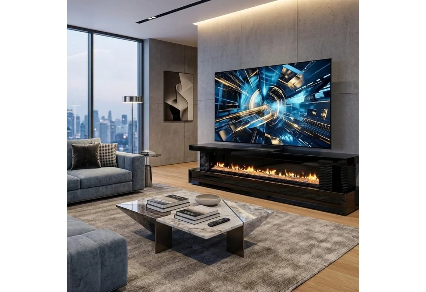 HOOZ TV-Lowboard Schwarz mit 3D-Flammenoptik & Glasfront - Bild 3