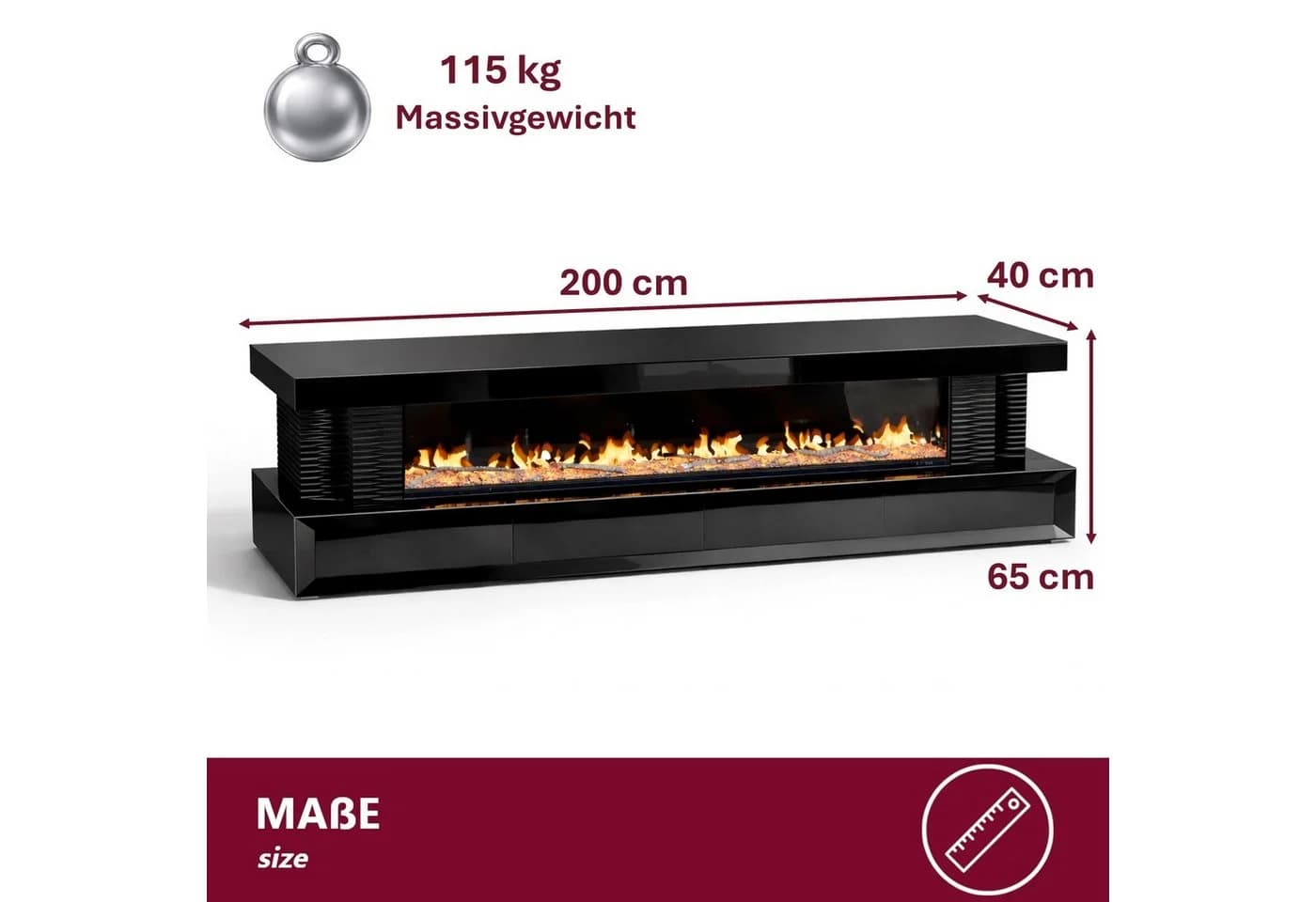 HOOZ TV-Lowboard Schwarz mit 3D-Flammenoptik & Glasfront - Bild 4