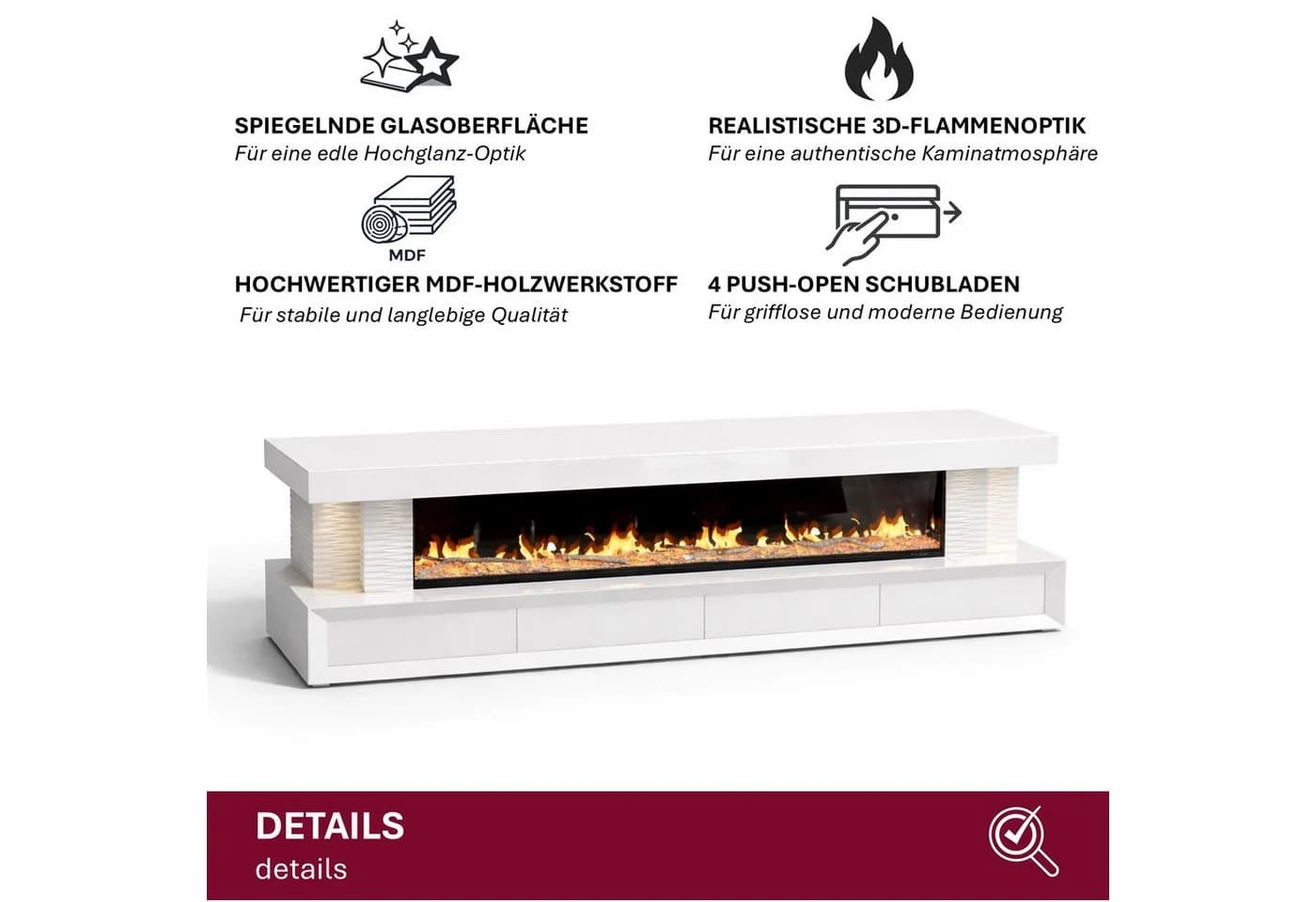 HOOZ TV-Lowboard mit Kamin Weiß Hochglanz Glas