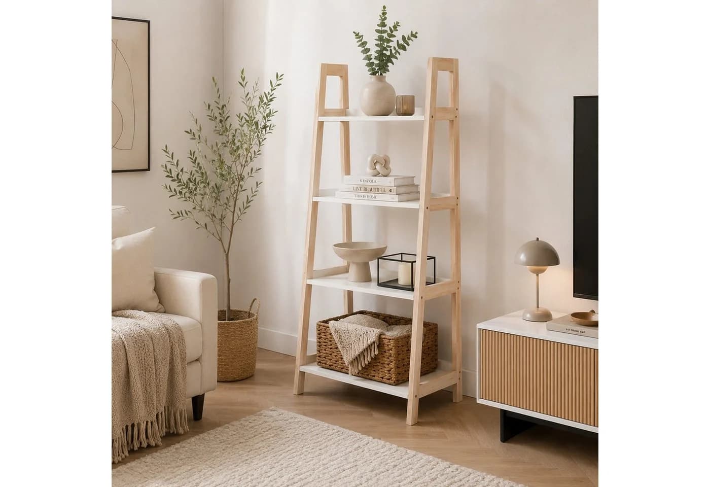 HOOZ Stufenregal Bambus Standregal 4 Böden Natur/Weiß Modern - Bild 5