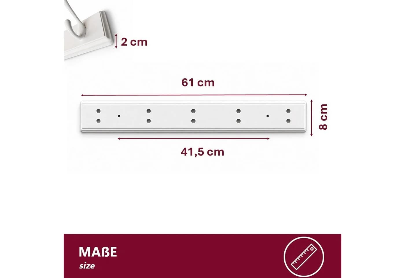 HOOZ Garderobenleiste Bambus mit Metallhaken Weiß 61 cm