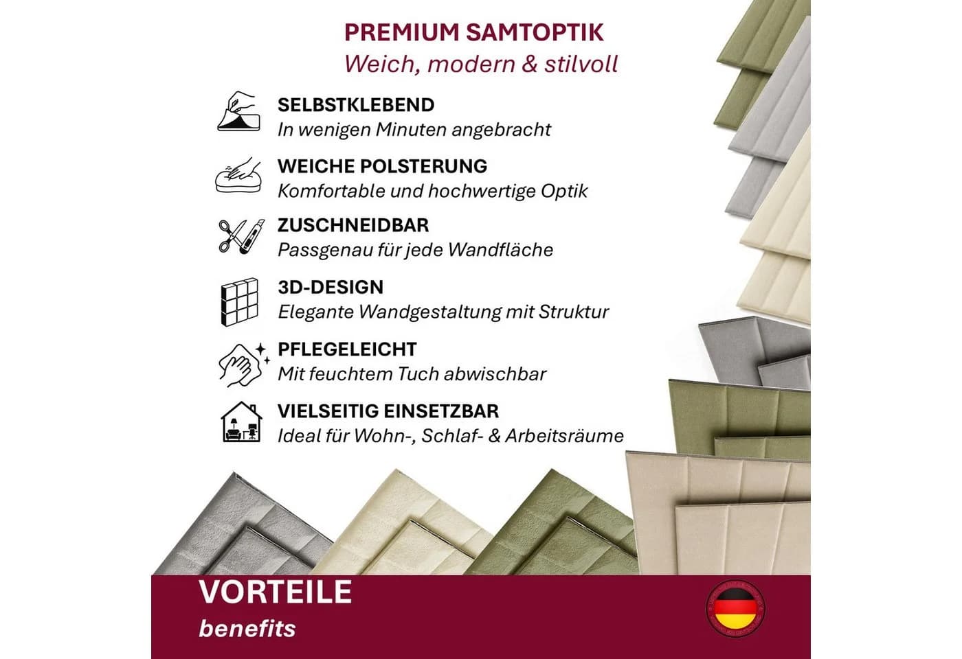 HOOZ 3D Wandpaneel Selbstklebend Samtoberfläche Grau