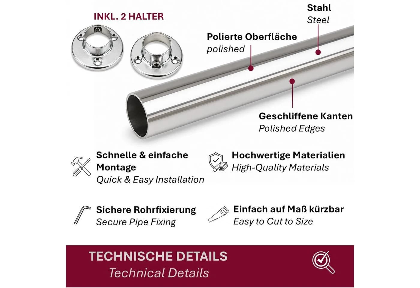 HOOZ Kleiderstange Stahl Rund Ø 24 mm Silber - Bild 3