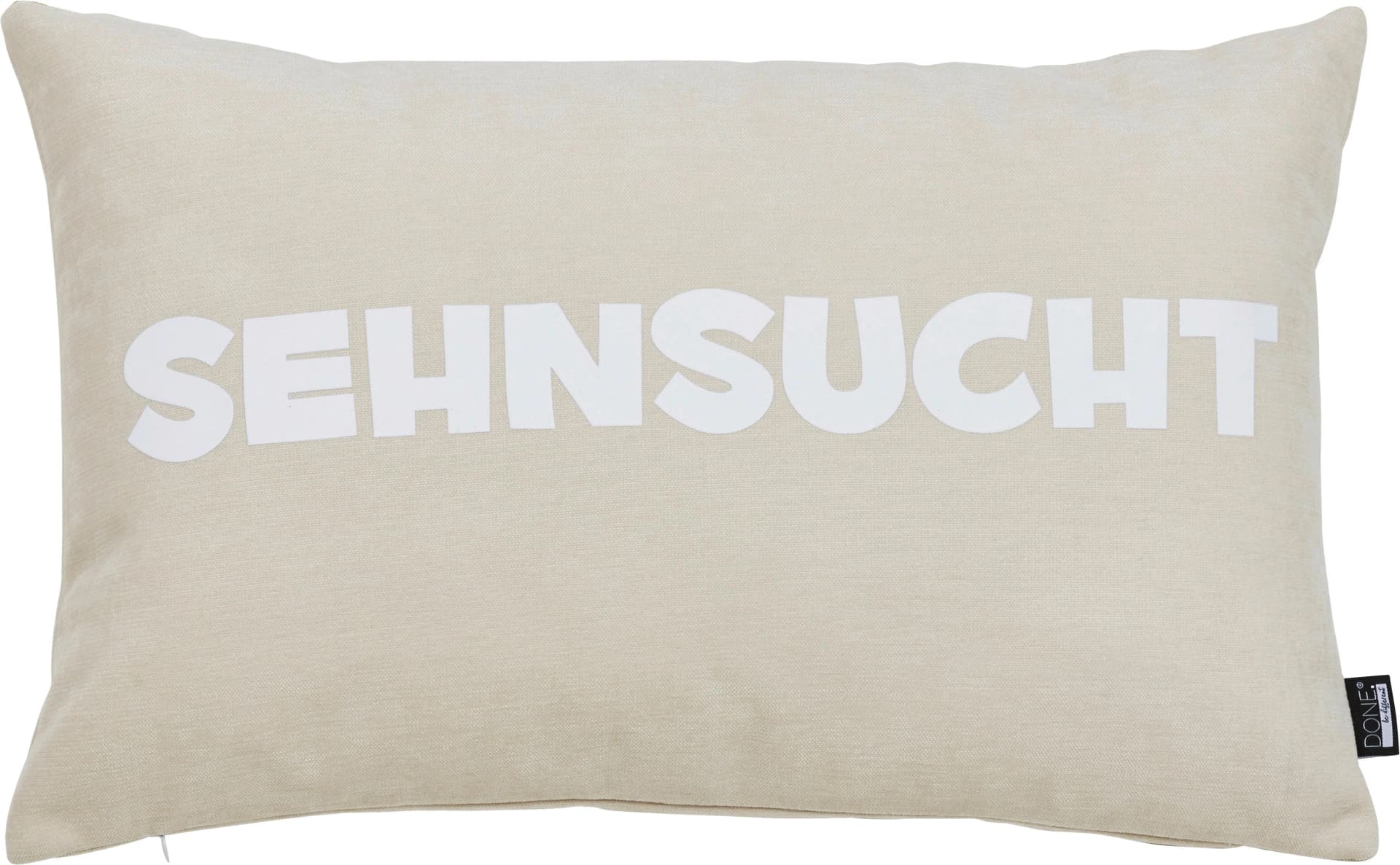DONE. Dekokissen Hülle "SEHNSUCHT" Beige/Weiß Schriftzug 40x60cm