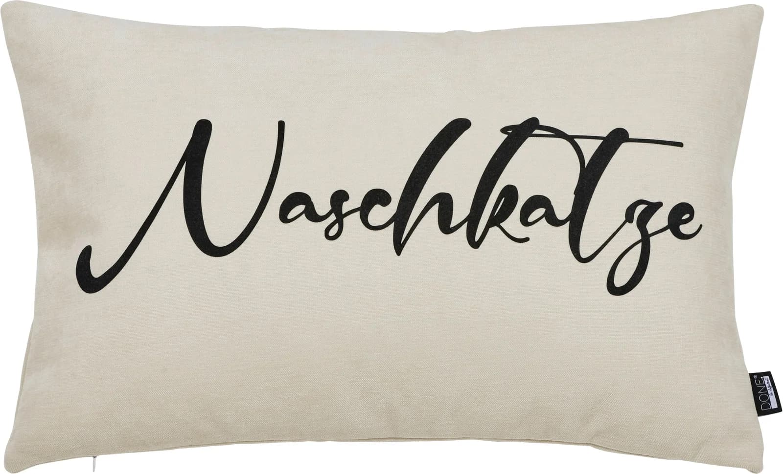 DONE. Dekokissen "NASCHKATZE" Beige/Schwarz mit Schriftzug