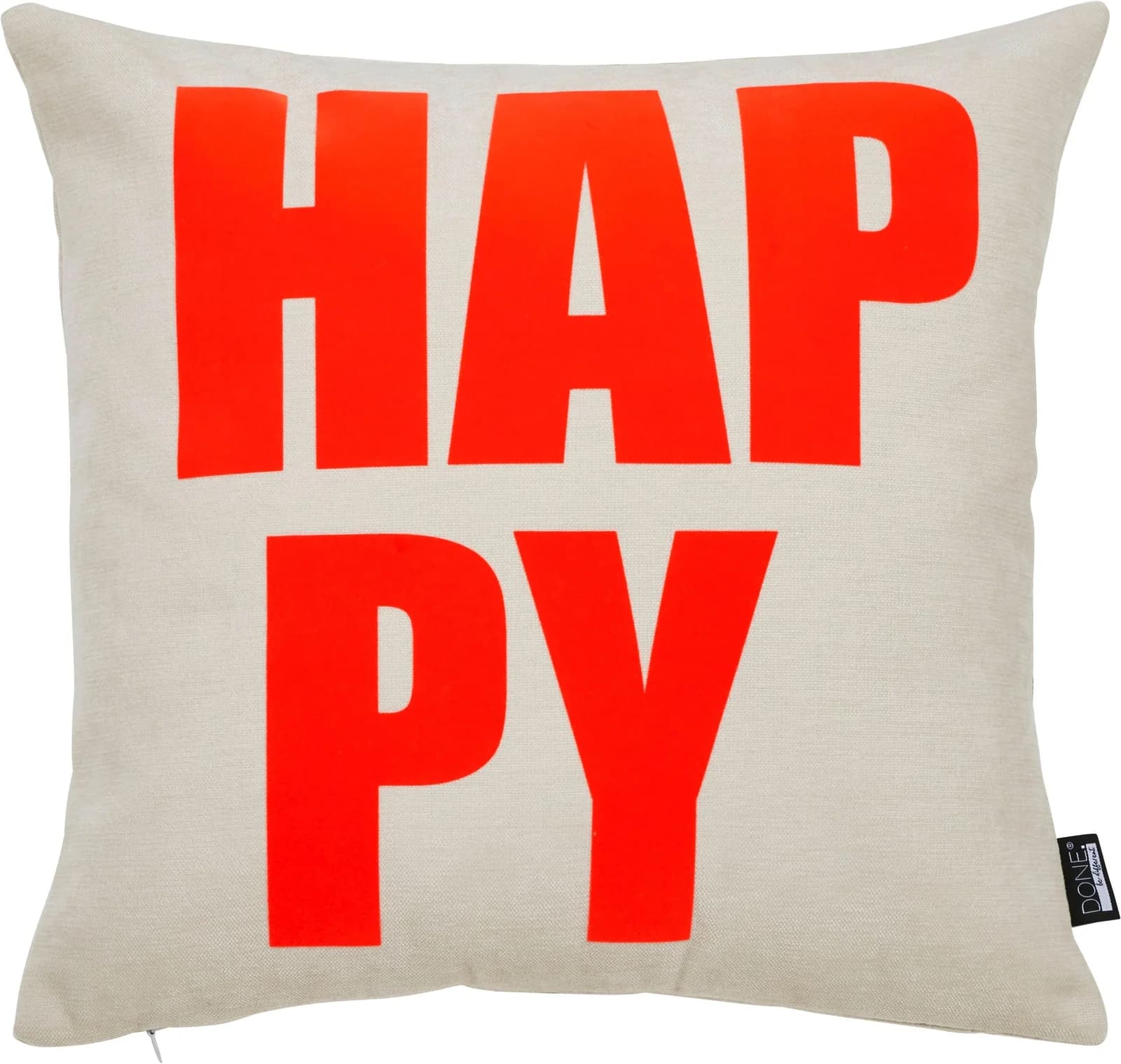 DONE. Dekokissen "HAPPY" Beige Neon Orange Schriftzug
