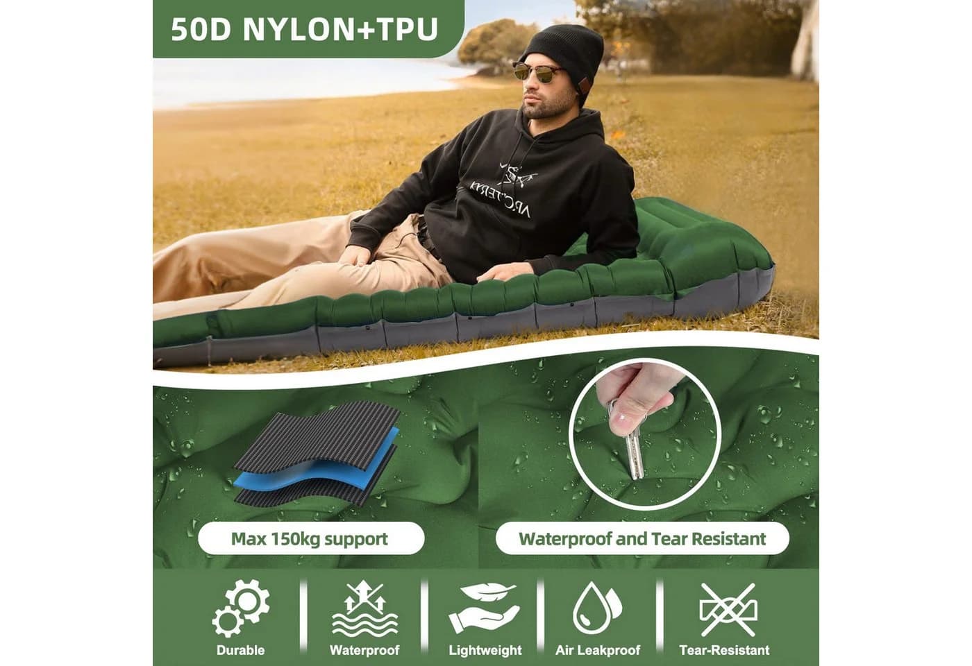 Bundviel Luftbett Camping Selbstaufblasend 12cm Ultraleicht mit Fußpumpe - Bild 3