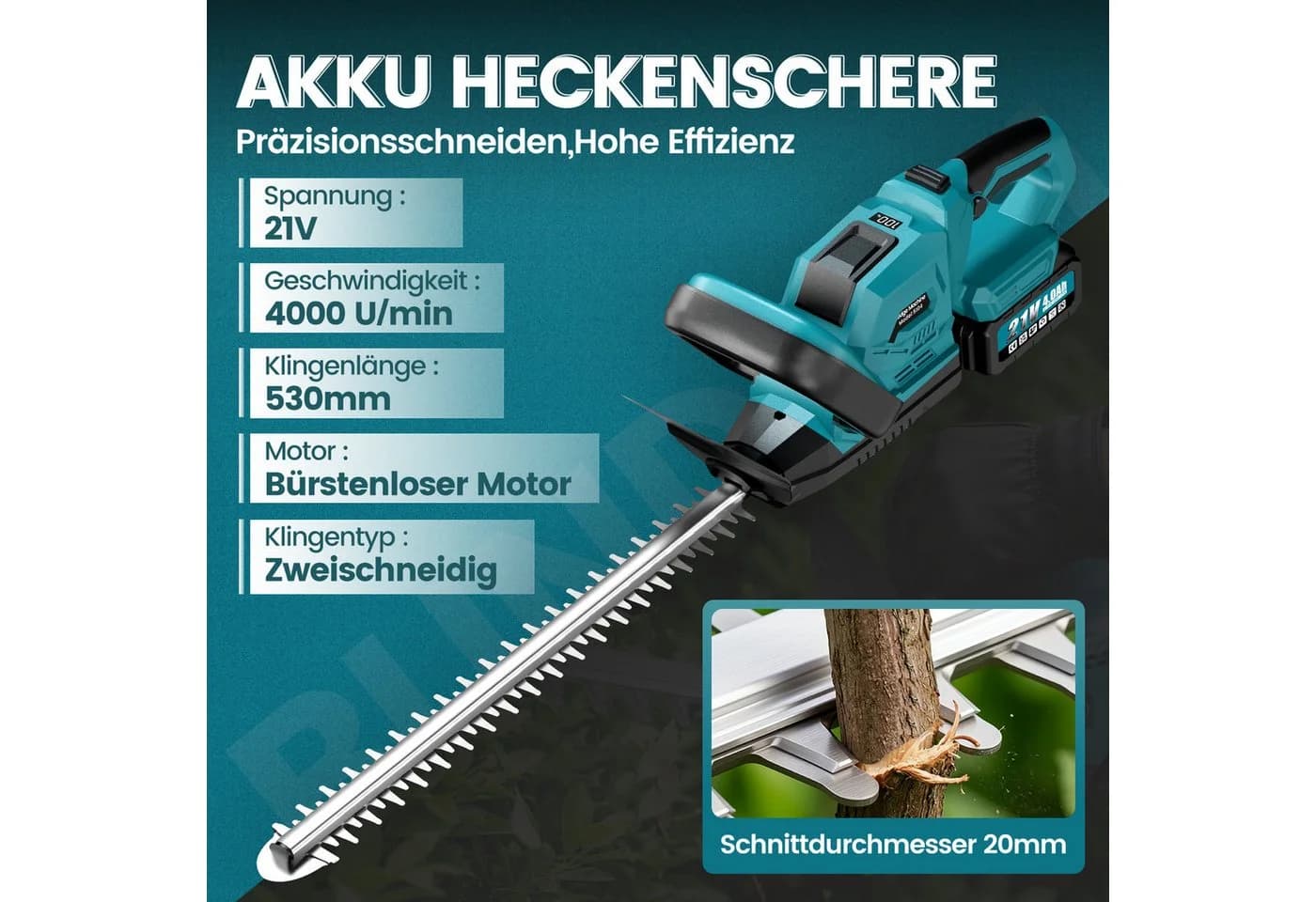 Bundviel Akku-Heckenschere 53cm mit 2x Akkus & Ladegerät