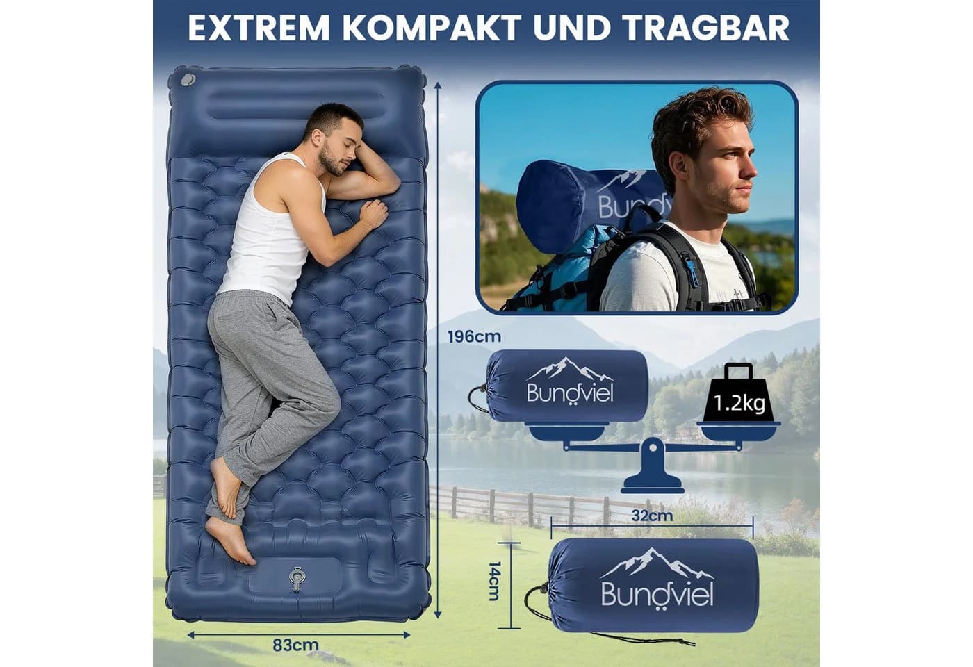 Bundviel Luftbett Camping Selbstaufblasend 12cm Ultraleicht mit Fußpumpe