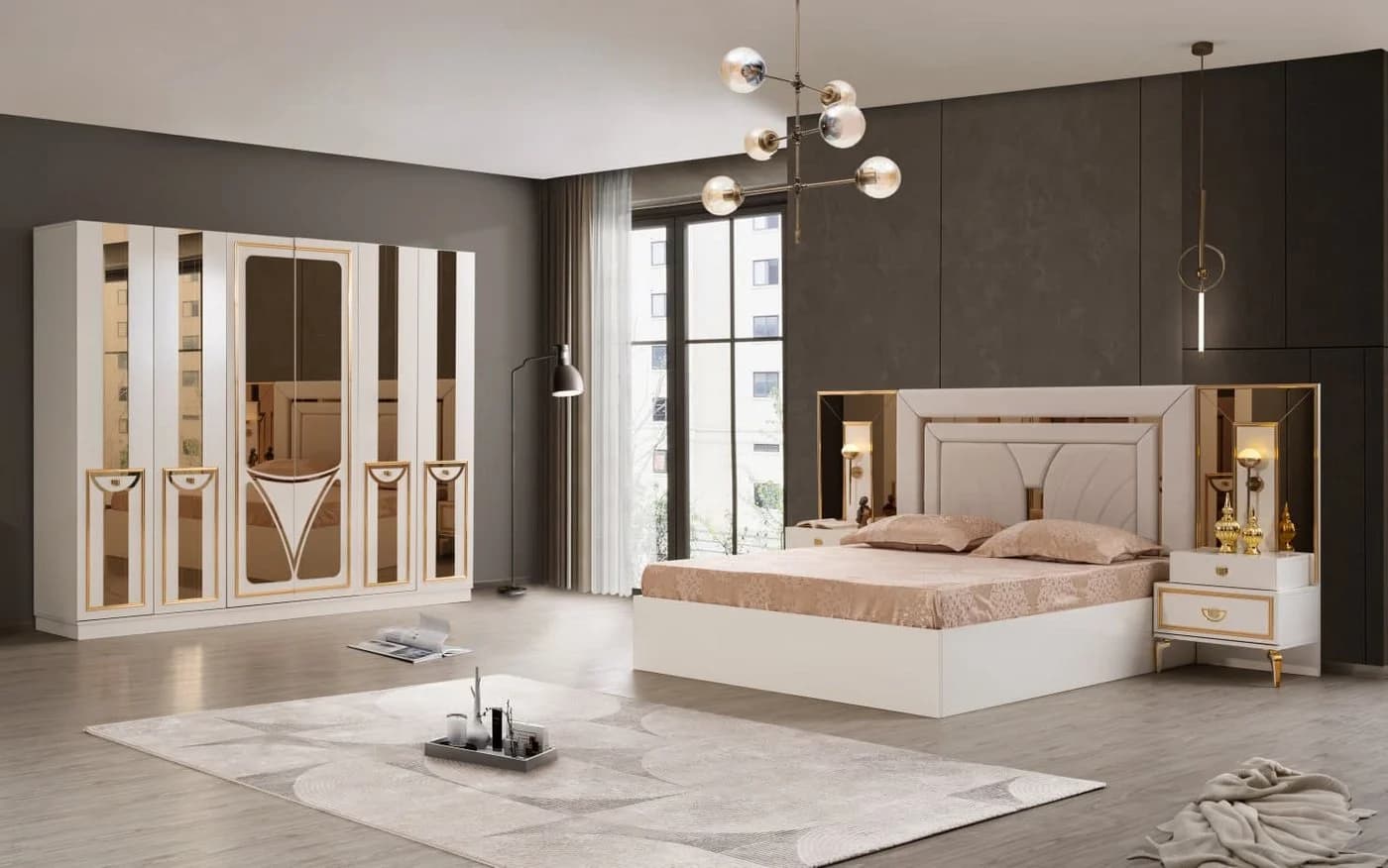 JulietHome Schlafzimmer-Set Piramit Weiß/Gold mit Boxspringbett & Kleiderschrank - Bild 2