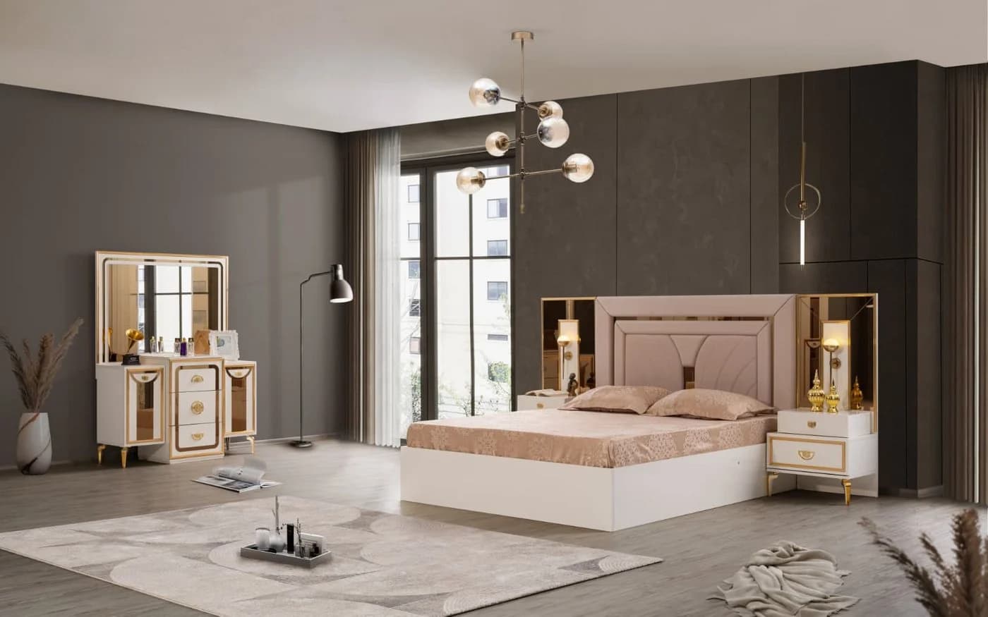 JulietHome Schlafzimmer-Set Piramit Weiß/Gold mit Boxspringbett & Kleiderschrank - Bild 3