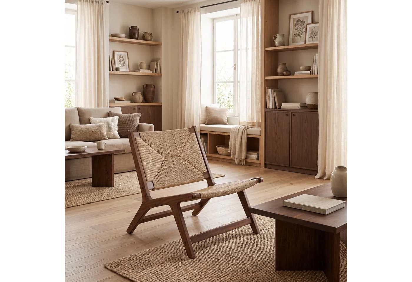LIM HOME Loungesessel Massivholz Weiß/Braun Papierrattan