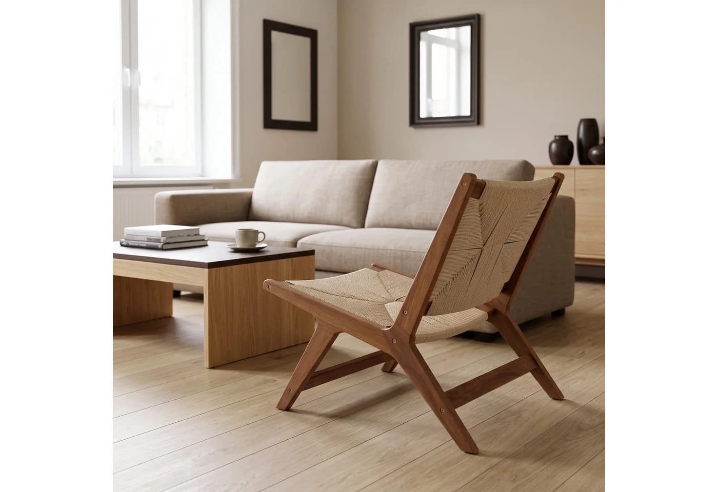 LIM HOME Loungesessel Massivholz Weiß/Braun Papierrattan - Bild 5