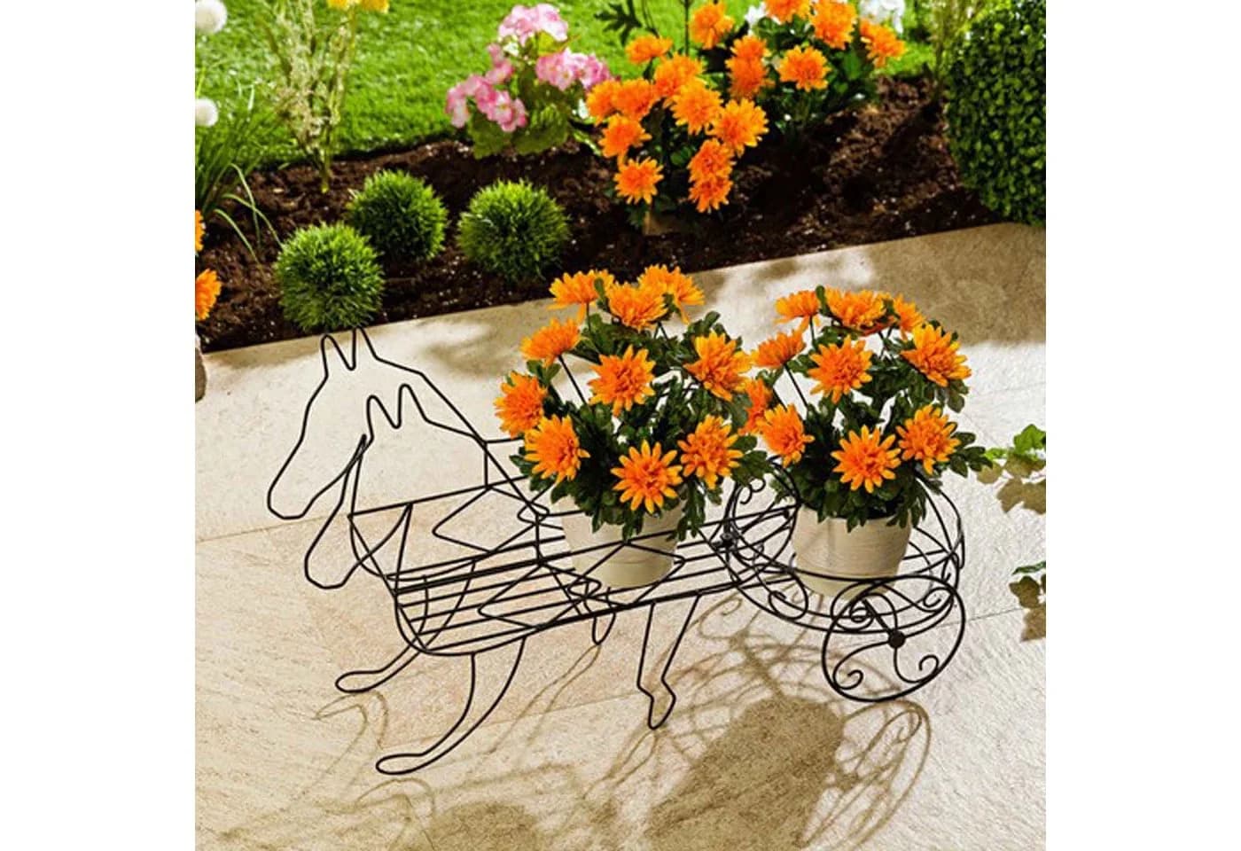 HAC24 Blumenständer Pferdekutsche Metall Schwarz Deko