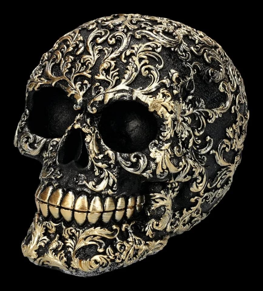 Figuren Shop GmbH Barock Gothic Totenkopf Figur Schwarz Gold Kunststein - Bild 3