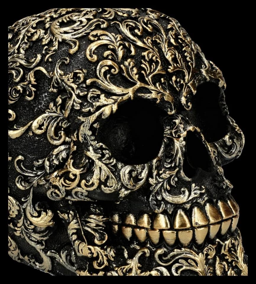 Figuren Shop GmbH Barock Gothic Totenkopf Figur Schwarz Gold Kunststein - Bild 4