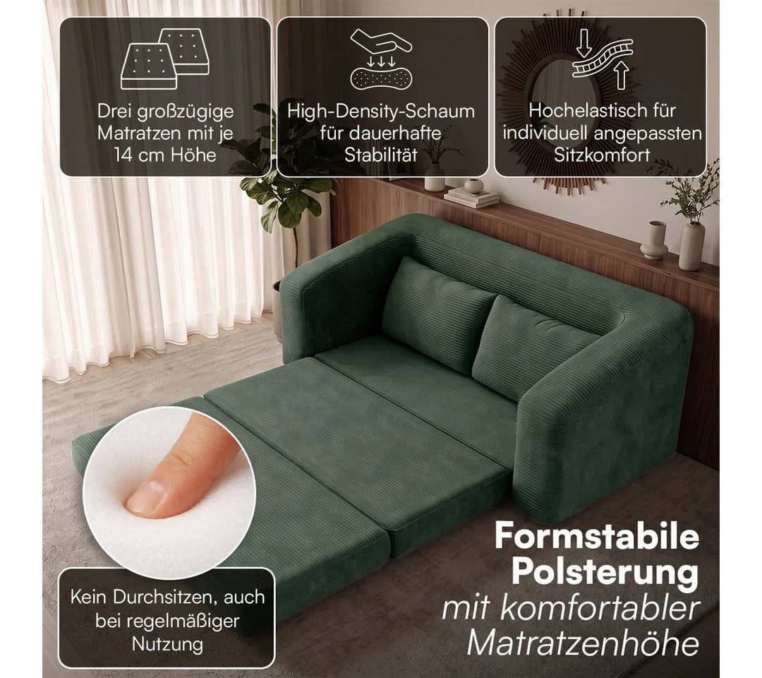 skølm Schlafsofa Fjäll Cord dunkelgrün mit Kissen