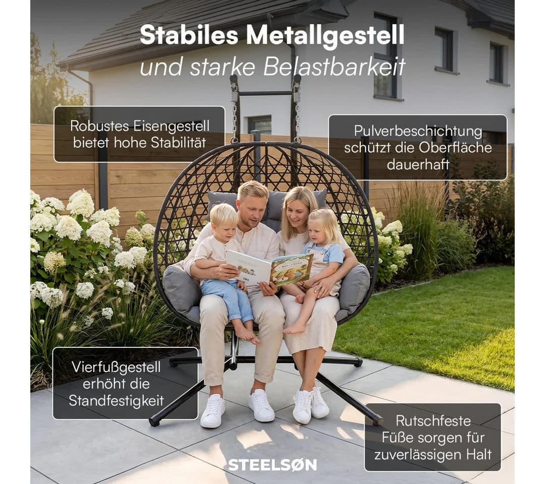 STEELSØN Hängesessel Sarin Grau für 2 Personen mit Kissen - Bild 3