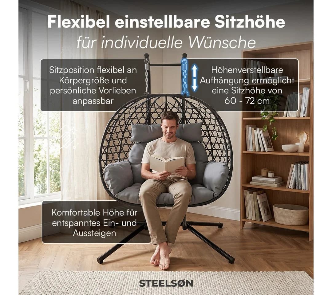 STEELSØN Hängesessel Sarin Grau für 2 Personen mit Kissen - Bild 4