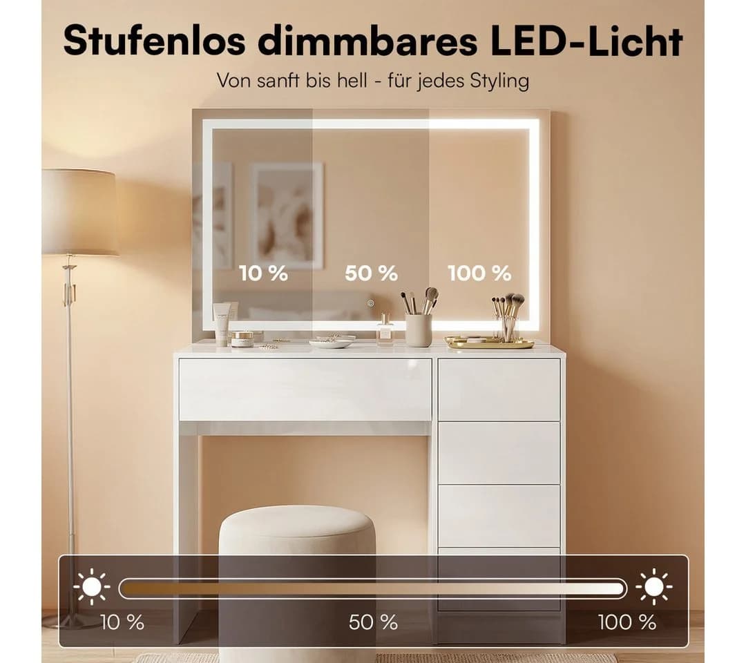 Bellamio Livny Schminktisch mit LED-Spiegel & 5 Schubladen Weiß - Bild 3