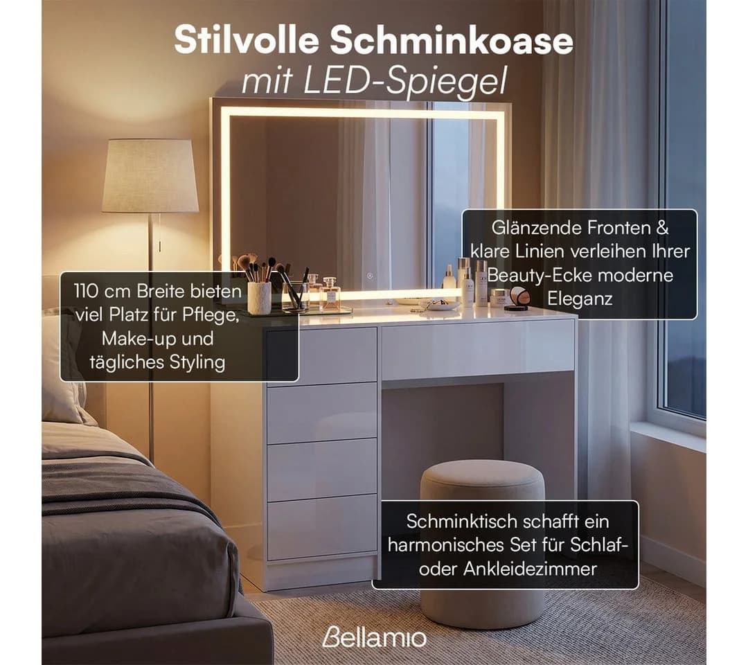 Bellamio Livny Schminktisch mit LED-Spiegel & 5 Schubladen Weiß - Bild 4