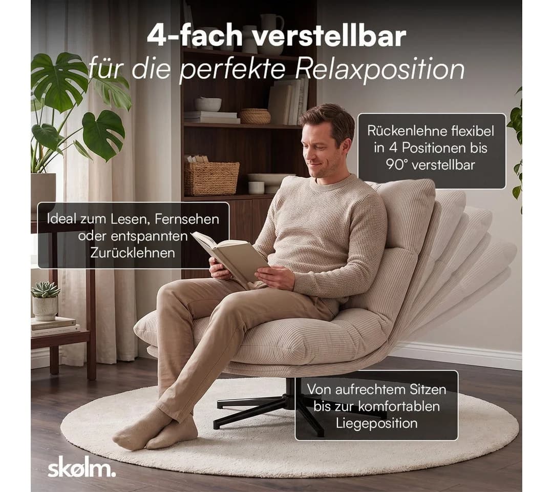 skølm Relaxsessel Hnoss Cord Beige 360° drehbar verstellbar - Bild 3