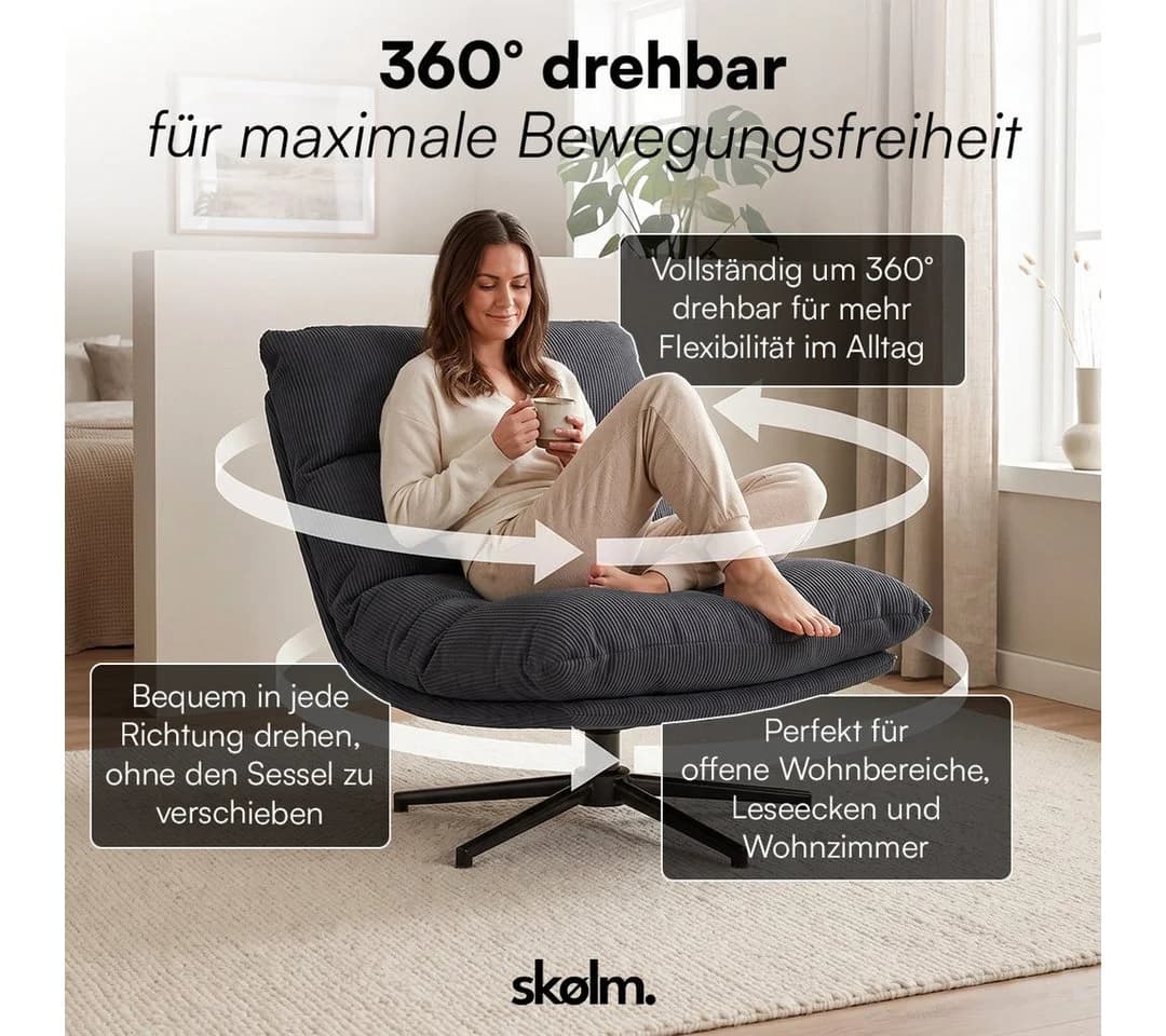 skølm Relaxsessel Hnoss Cord Dunkelgrau 360° drehbar verstellbar