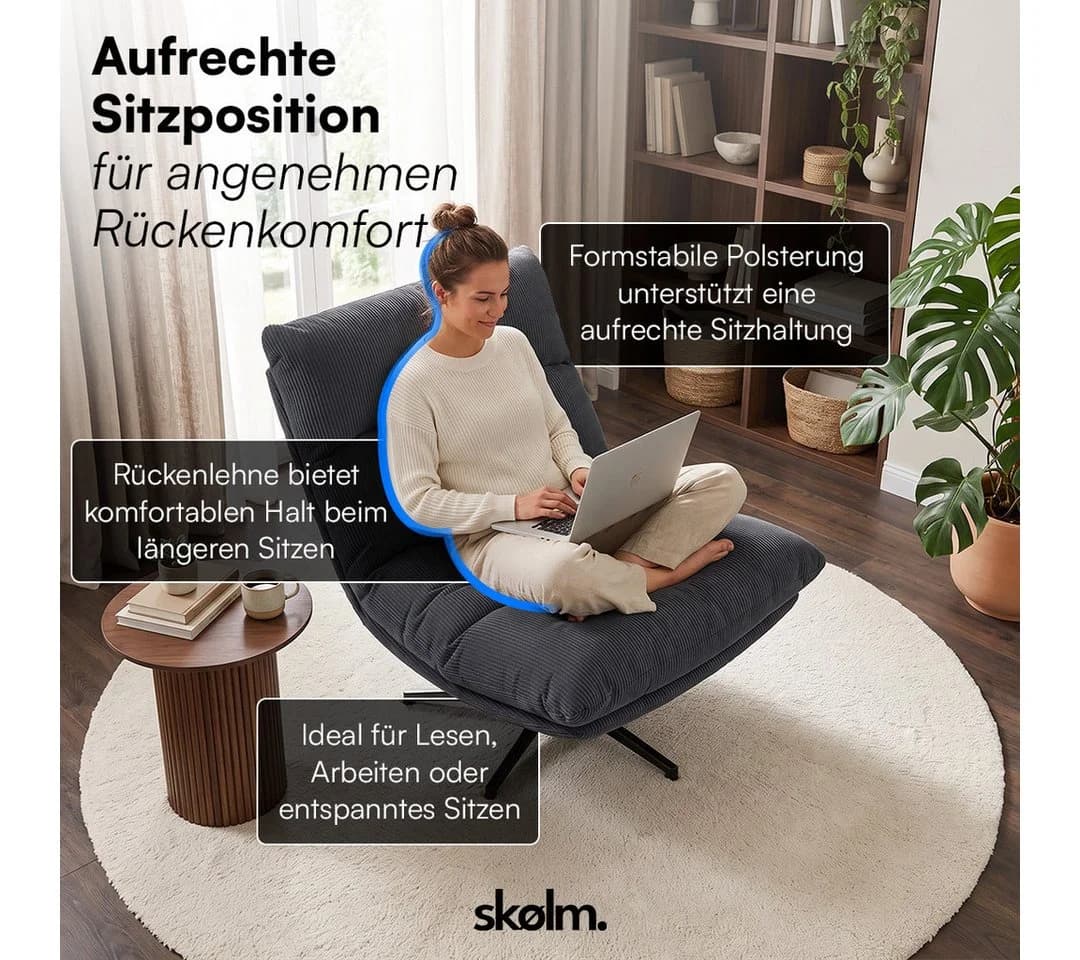 skølm Relaxsessel Hnoss Cord Dunkelgrau 360° drehbar verstellbar - Bild 5