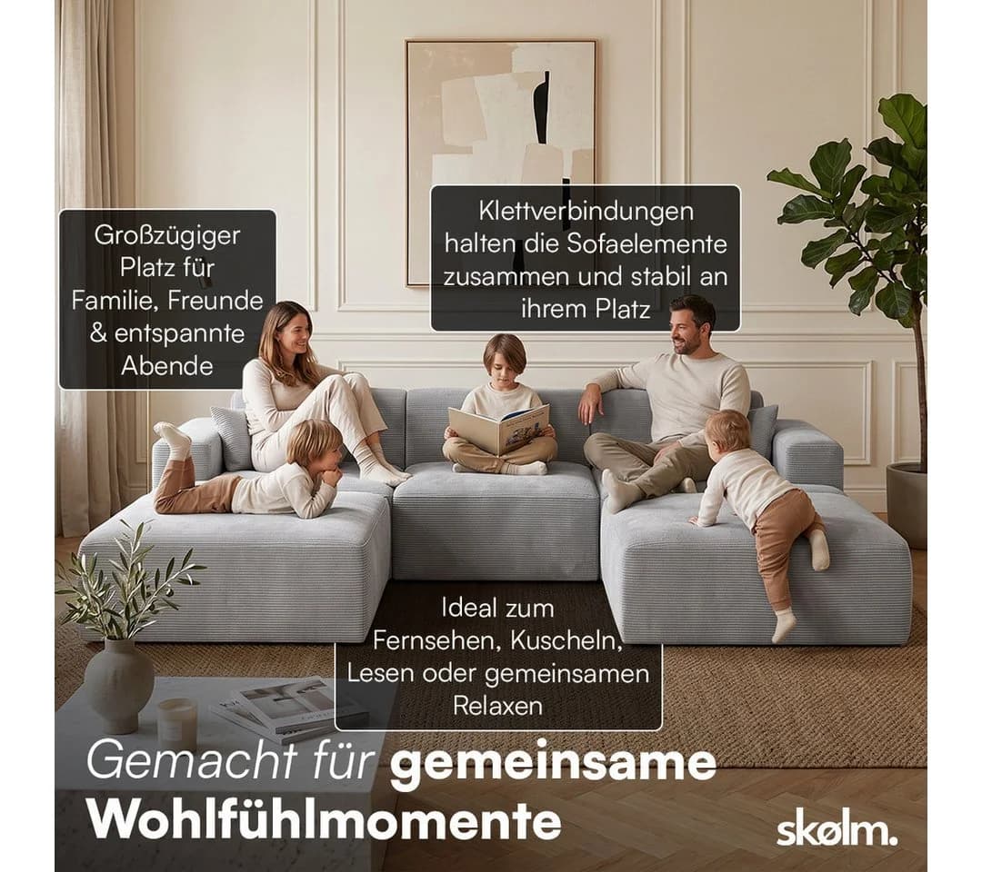 skølm Sofa Freki Cord Grau 3-Sitzer mit Hockern