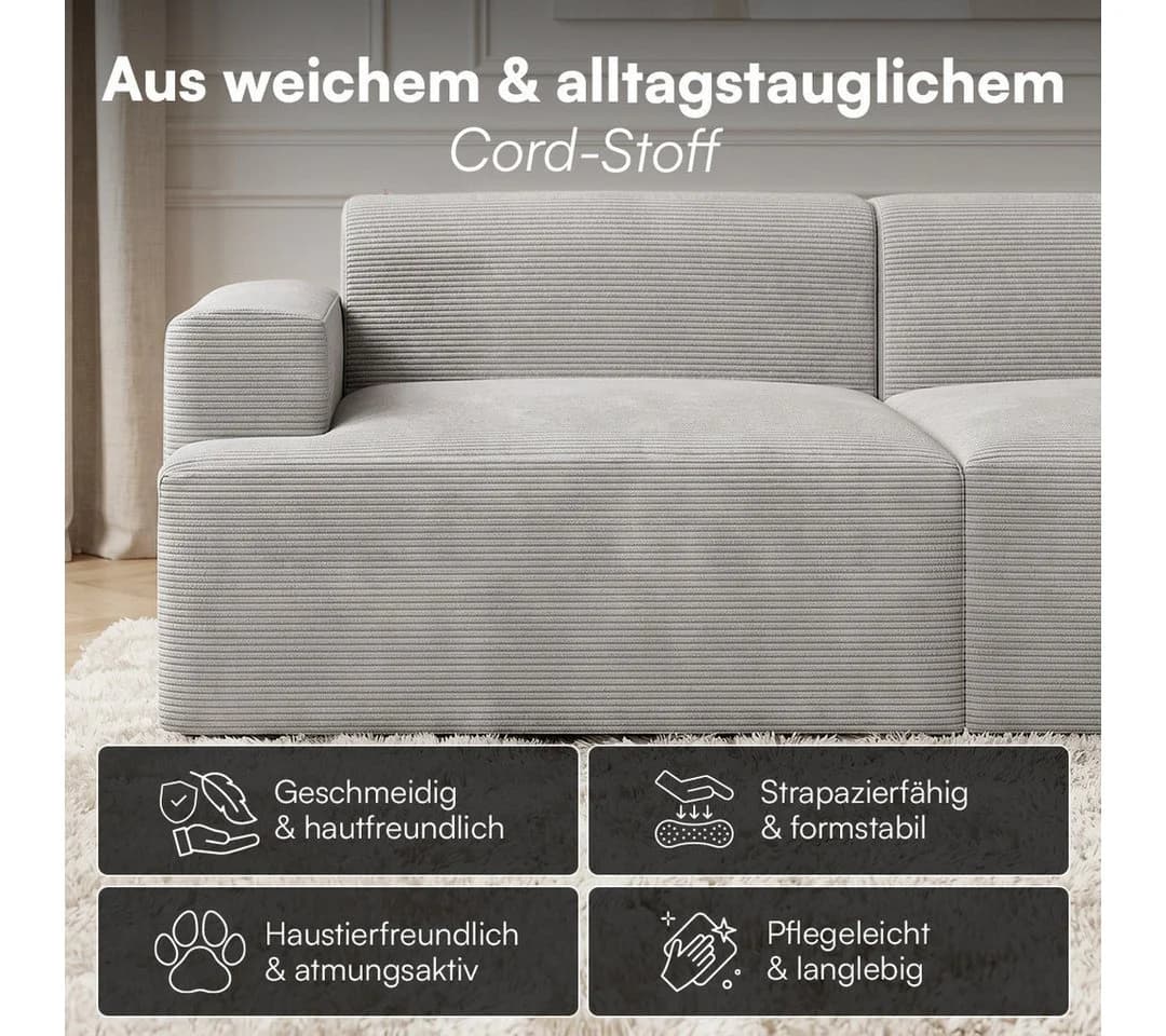 skølm Sofa Freki Cord Grau 3-Sitzer mit Hockern - Bild 3
