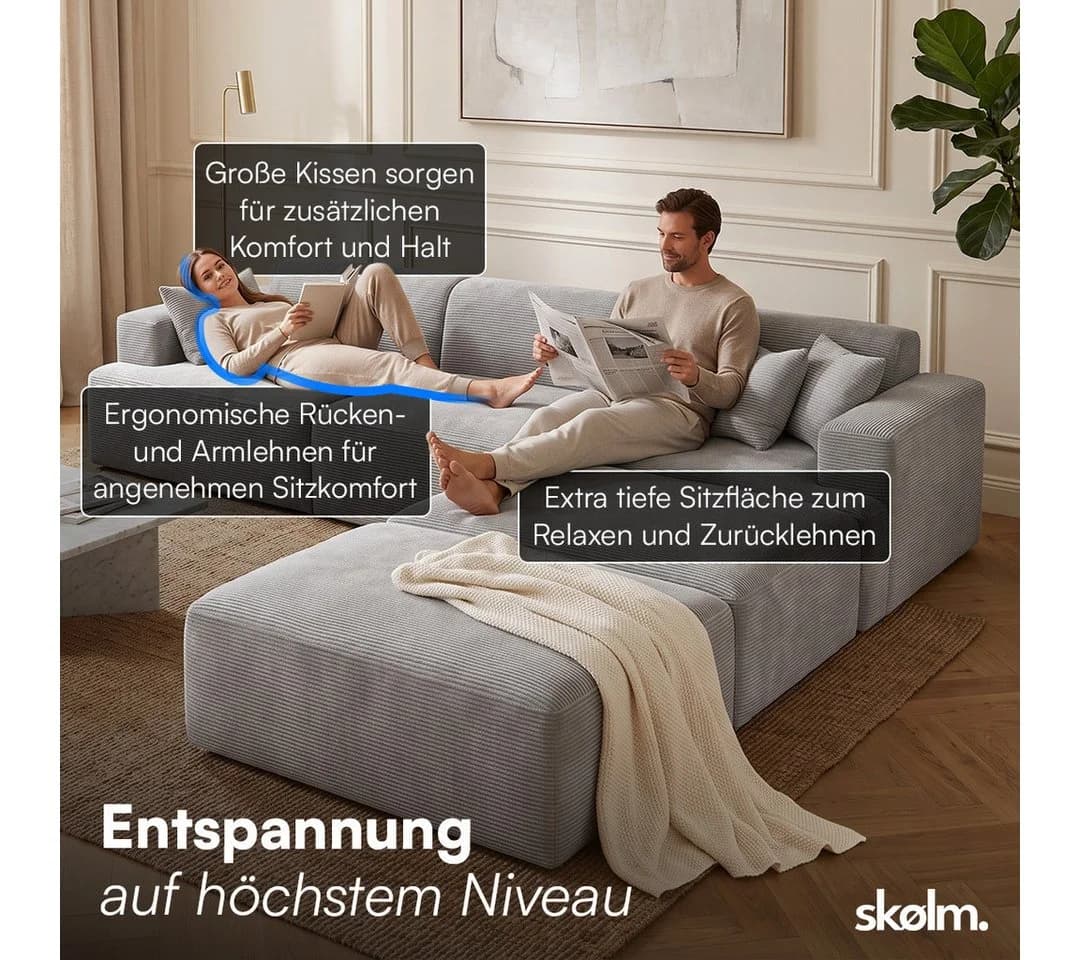 skølm Sofa Freki Cord Grau 3-Sitzer mit Hockern - Bild 4