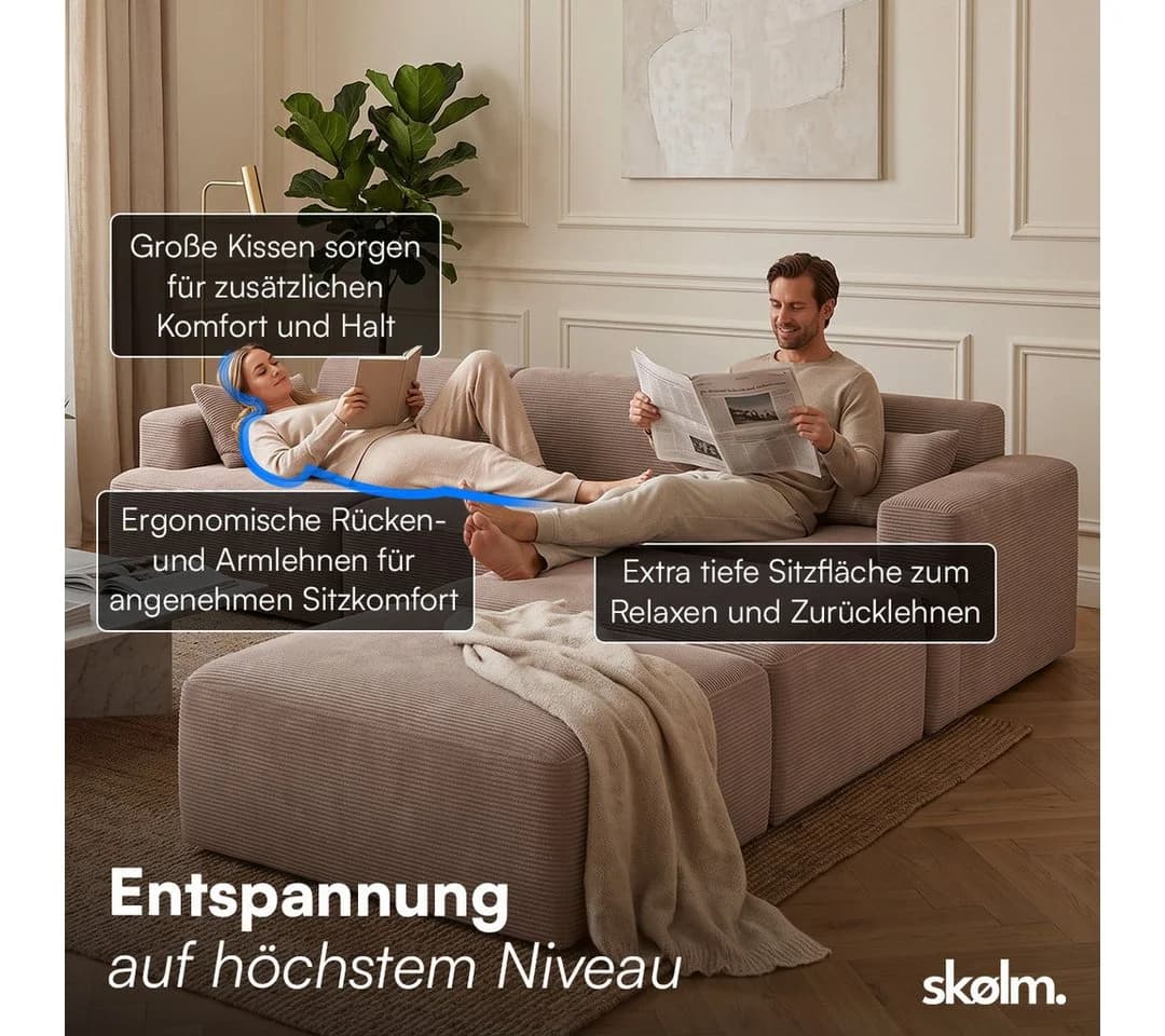 skølm Sofa Freki Cord 3-Sitzer mit 2 Hockern Taupe - Bild 4