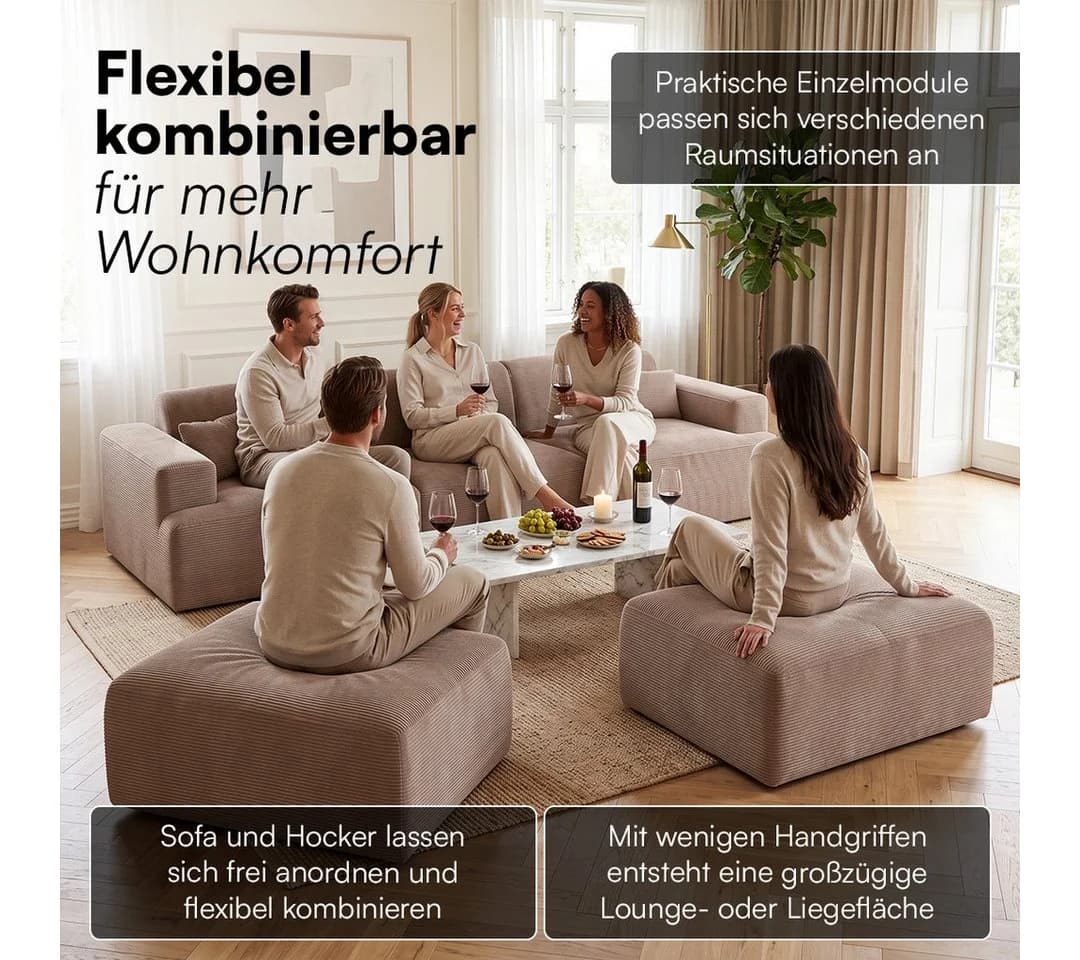 skølm Sofa Freki Cord 3-Sitzer mit 2 Hockern Taupe - Bild 5