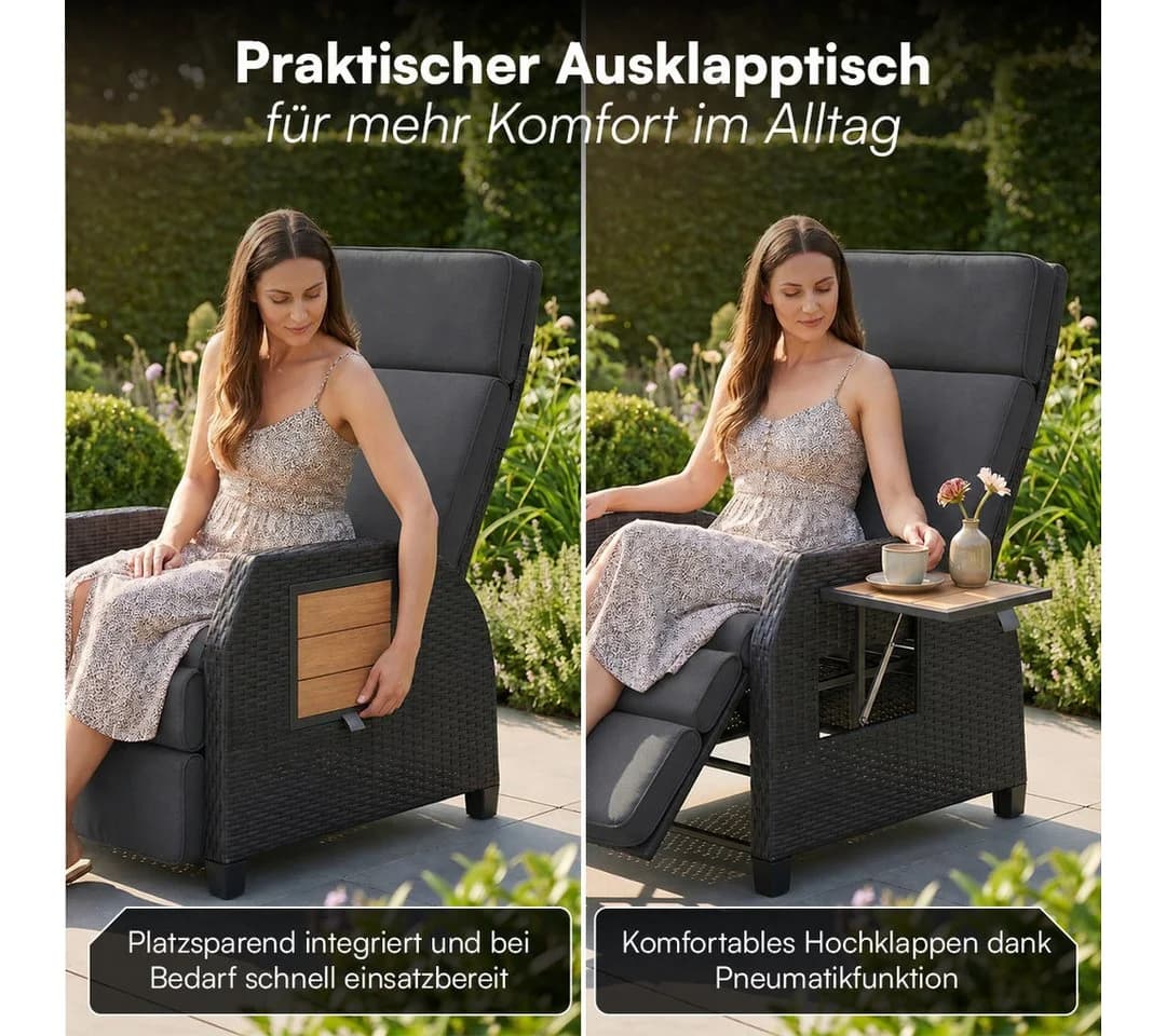 STEELSØN Gartensessel Caelum mit Liegefunktion & Ausklapptisch Schwarz - Bild 3